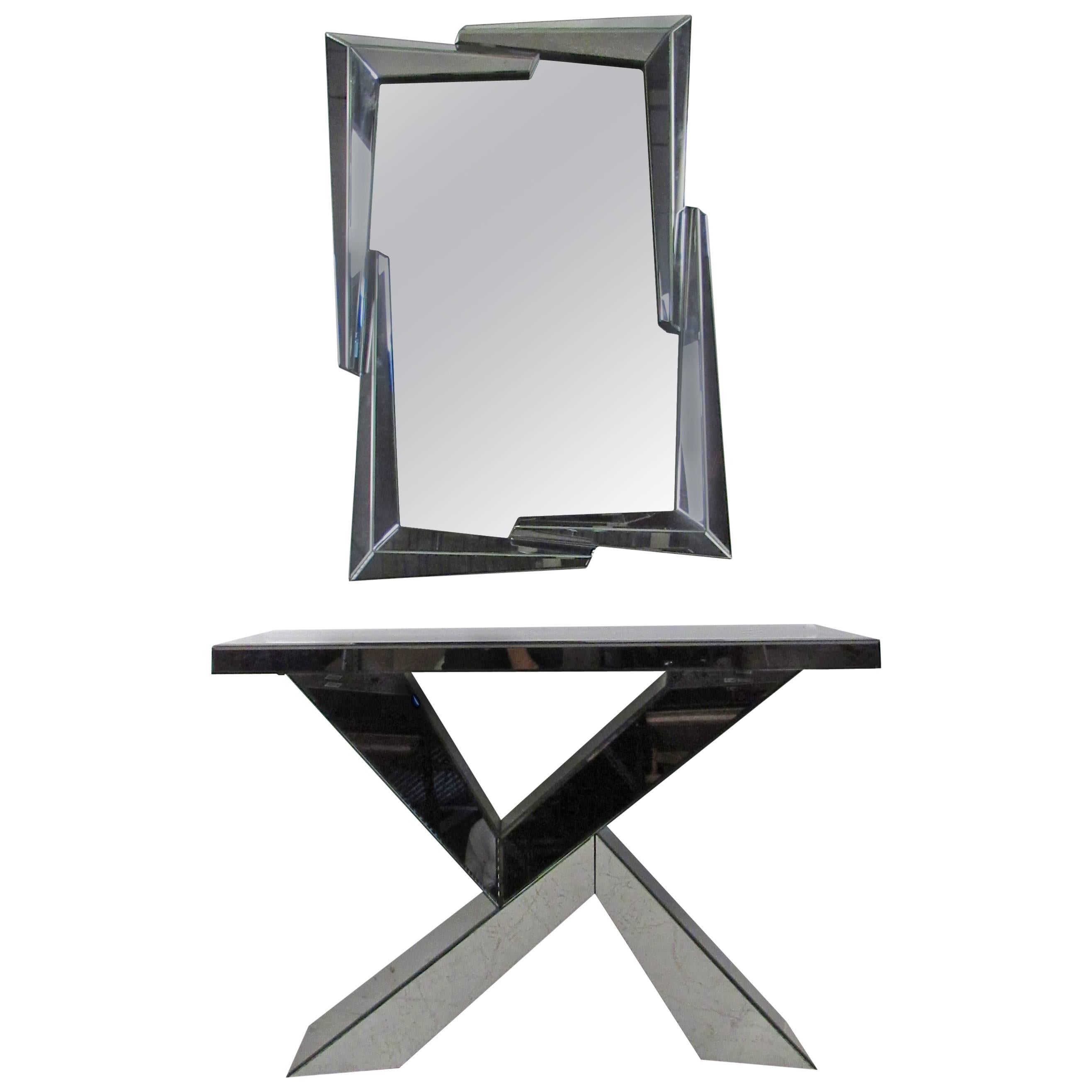 Mid-Century Modern Style Mirrored Console Table with Wall Mirror
