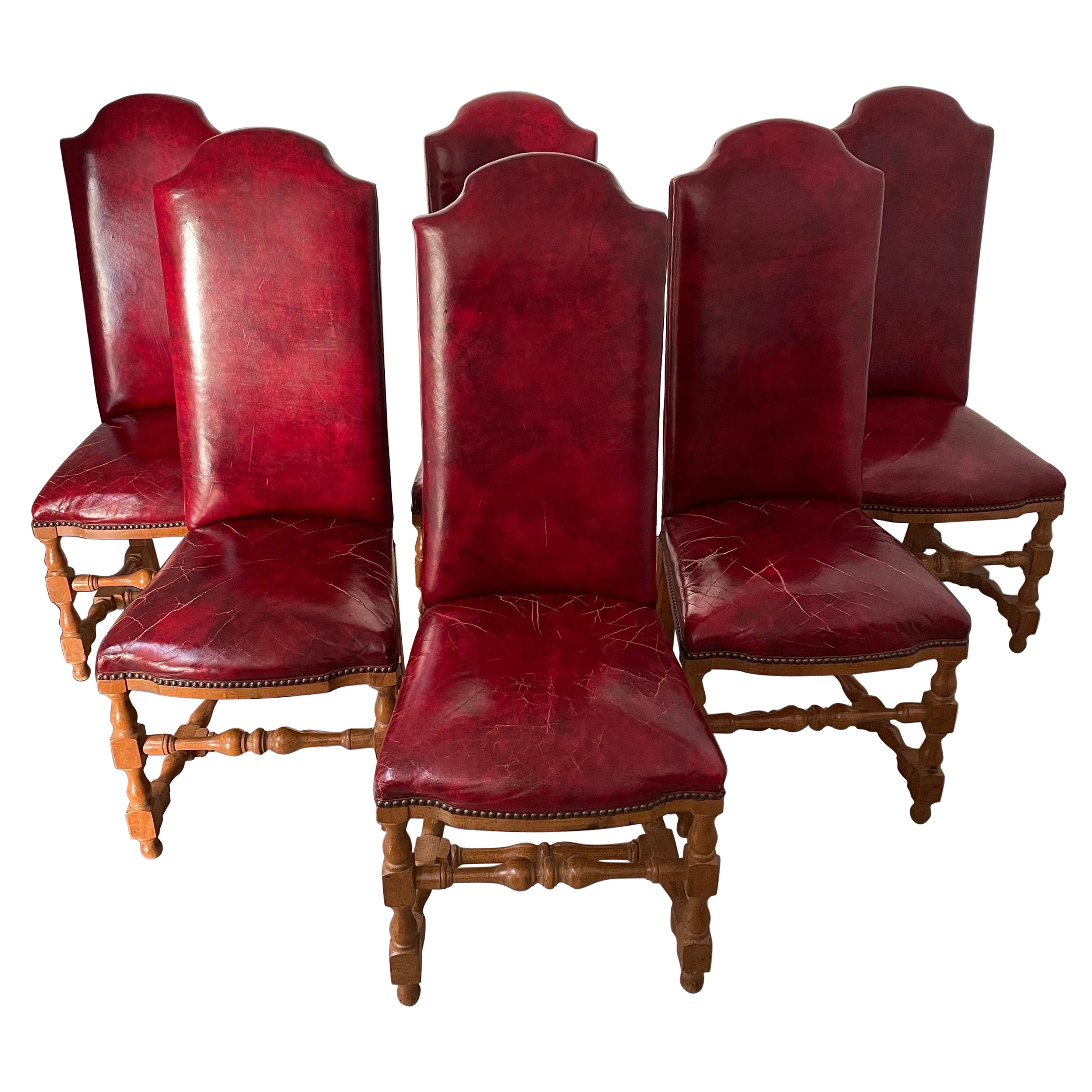 MCM Louis XIII Style French Oak Dining Chairs Red Os De Mouton - Set of 6 For Sale