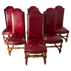MCM Louis XIII Style French Oak Dining Chairs Red Os De Mouton - Set of 6