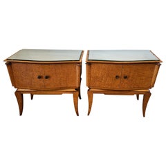 Mid-Century French Modern Burled Maple Mirrored Glass Nightstand Tables