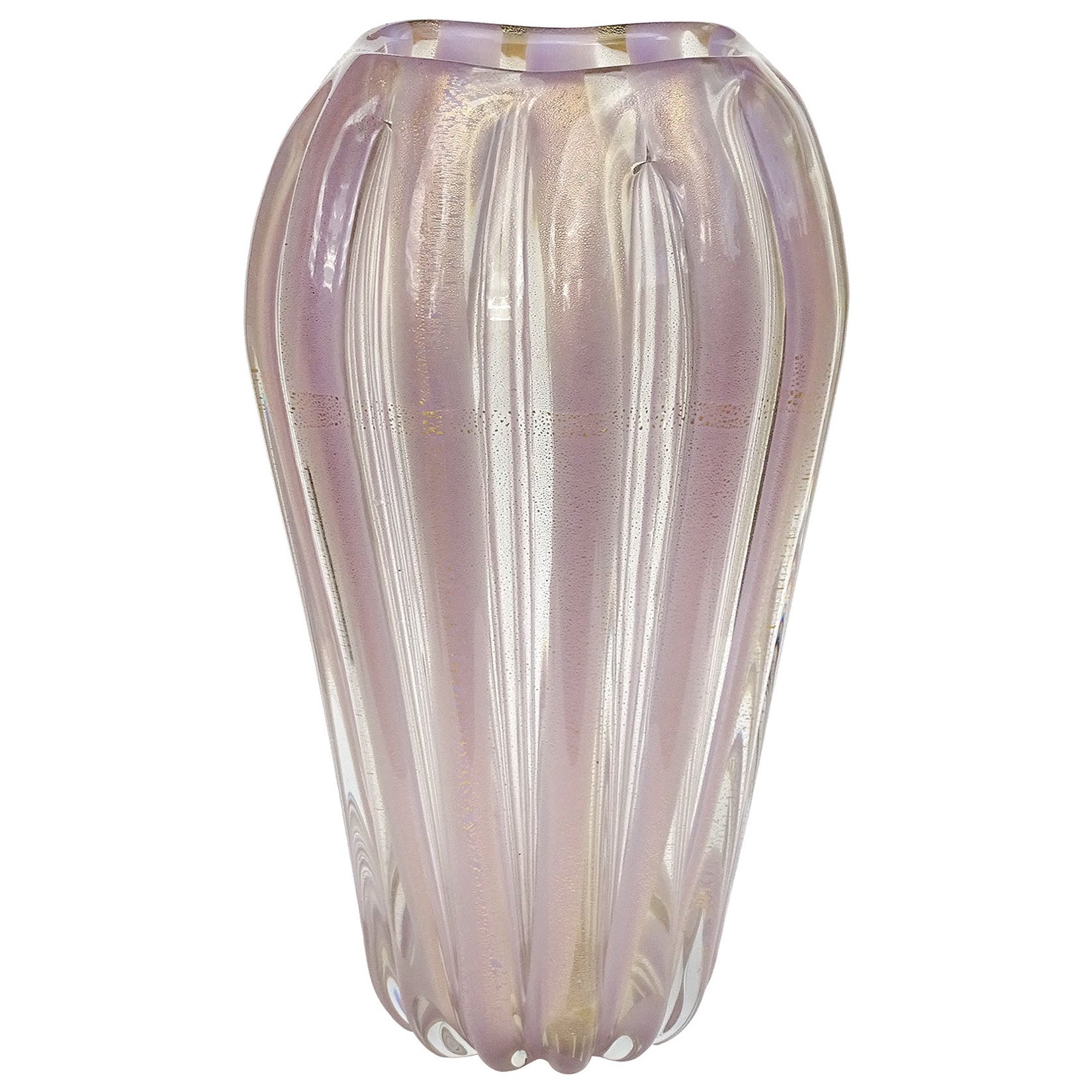 Murano Lavender Stripes Gold Flecks Italian Art Glass Midcentury Flower Vase For Sale