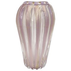 Retro Murano Lavender Stripes Gold Flecks Italian Art Glass Midcentury Flower Vase
