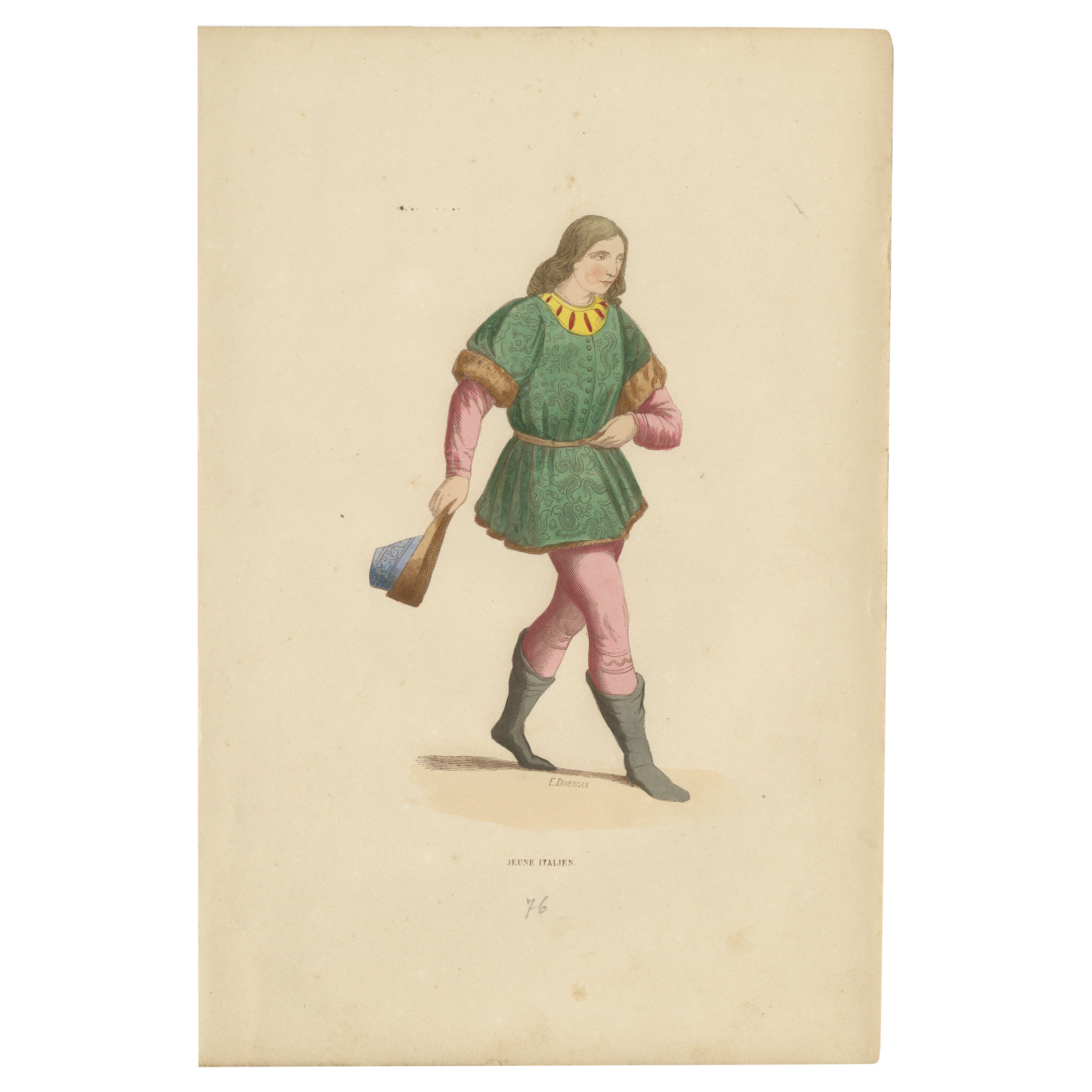 Renaissance Youth: The Italian Page in a Hand-Colored Engraving, 1847 For Sale