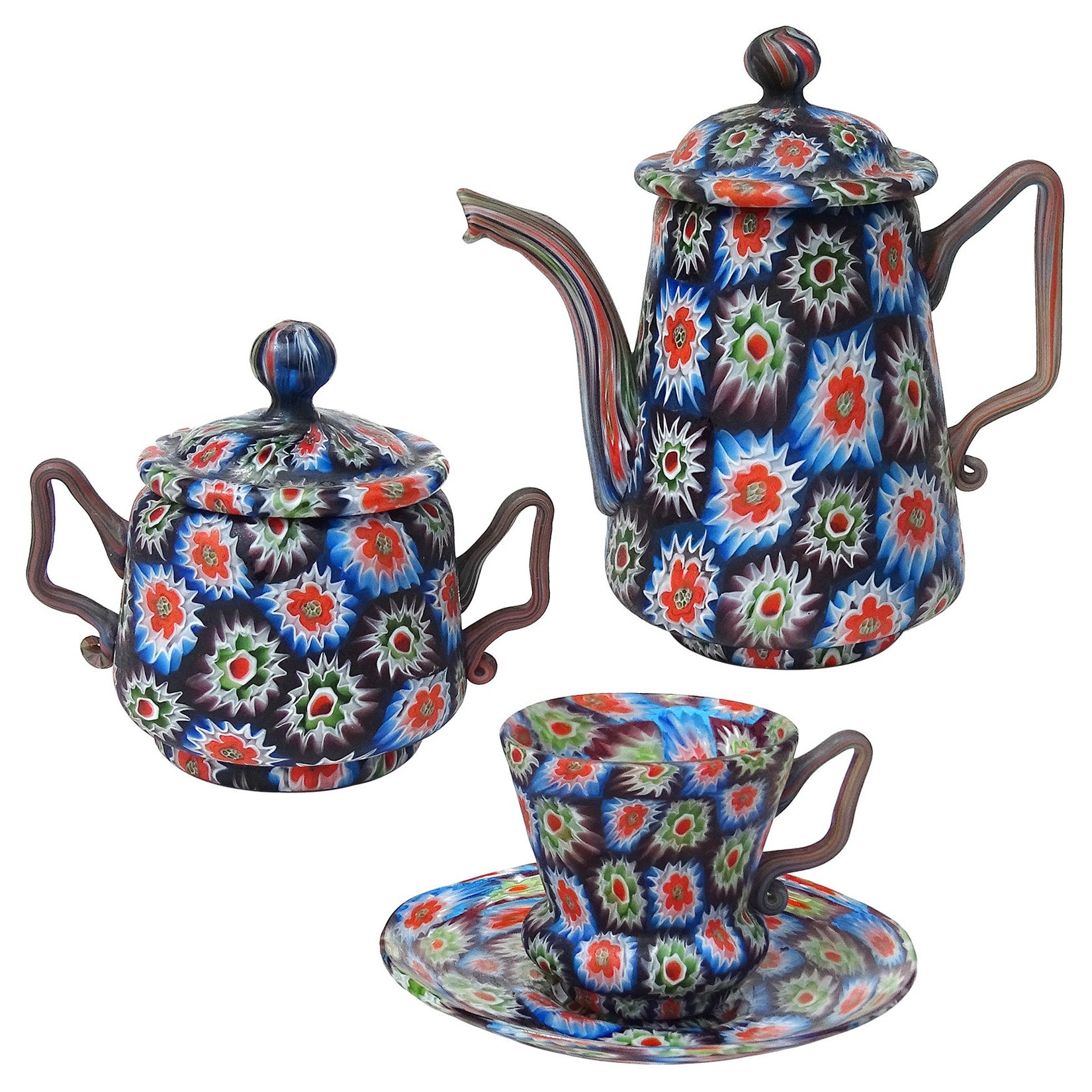 Fratelli Toso Murano Millefiori Mosaic Teapot Sugar Bowl Italian Art Glass Set