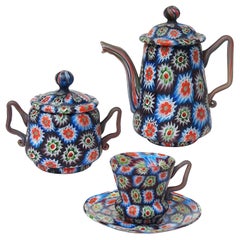 Fratelli Toso Murano Millefiori Mosaic Teapot Sugar Bowl Italian Art Glass Set