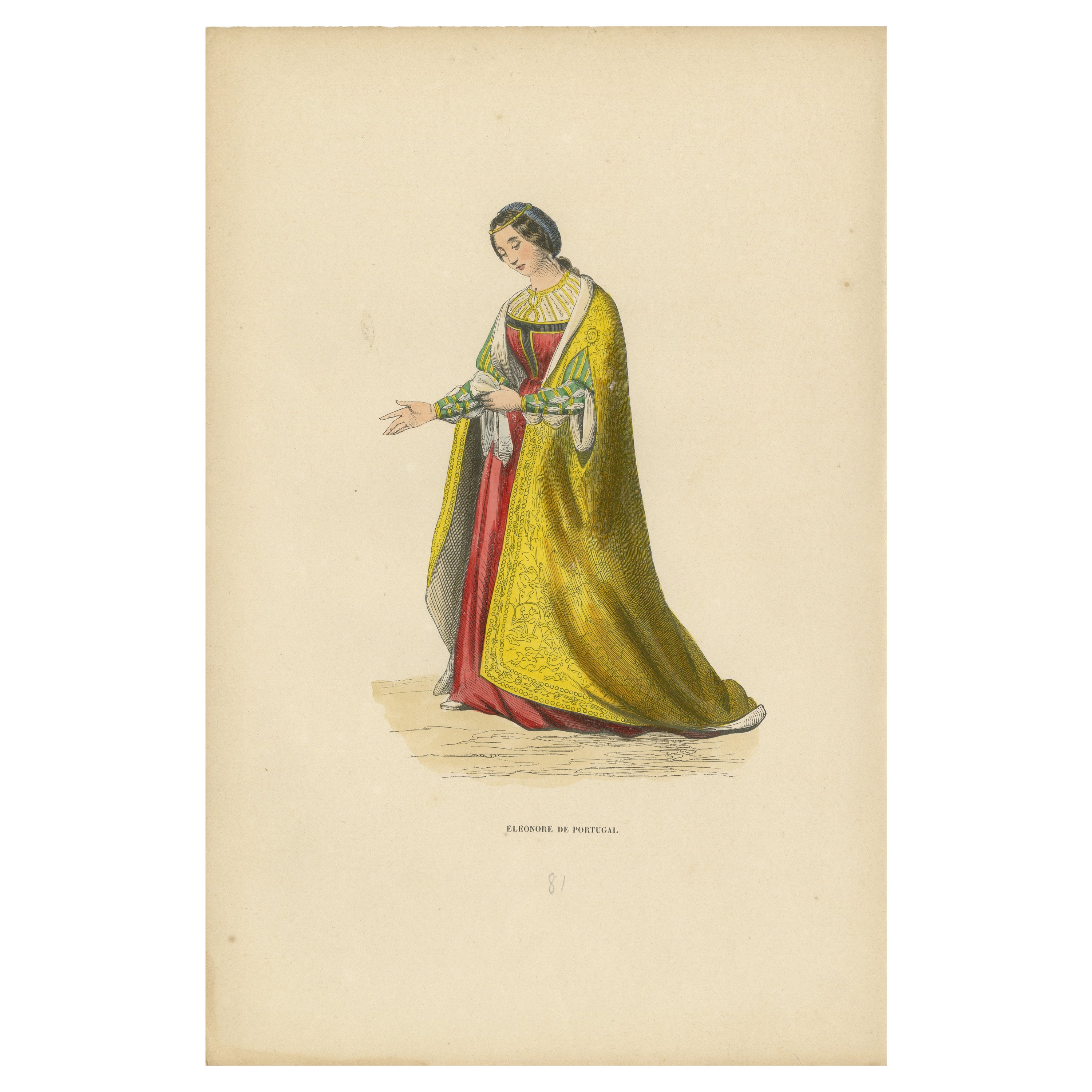 Eleanor of Portugal: Regal and Resplendent, Original Old Print Published in 1847 For Sale