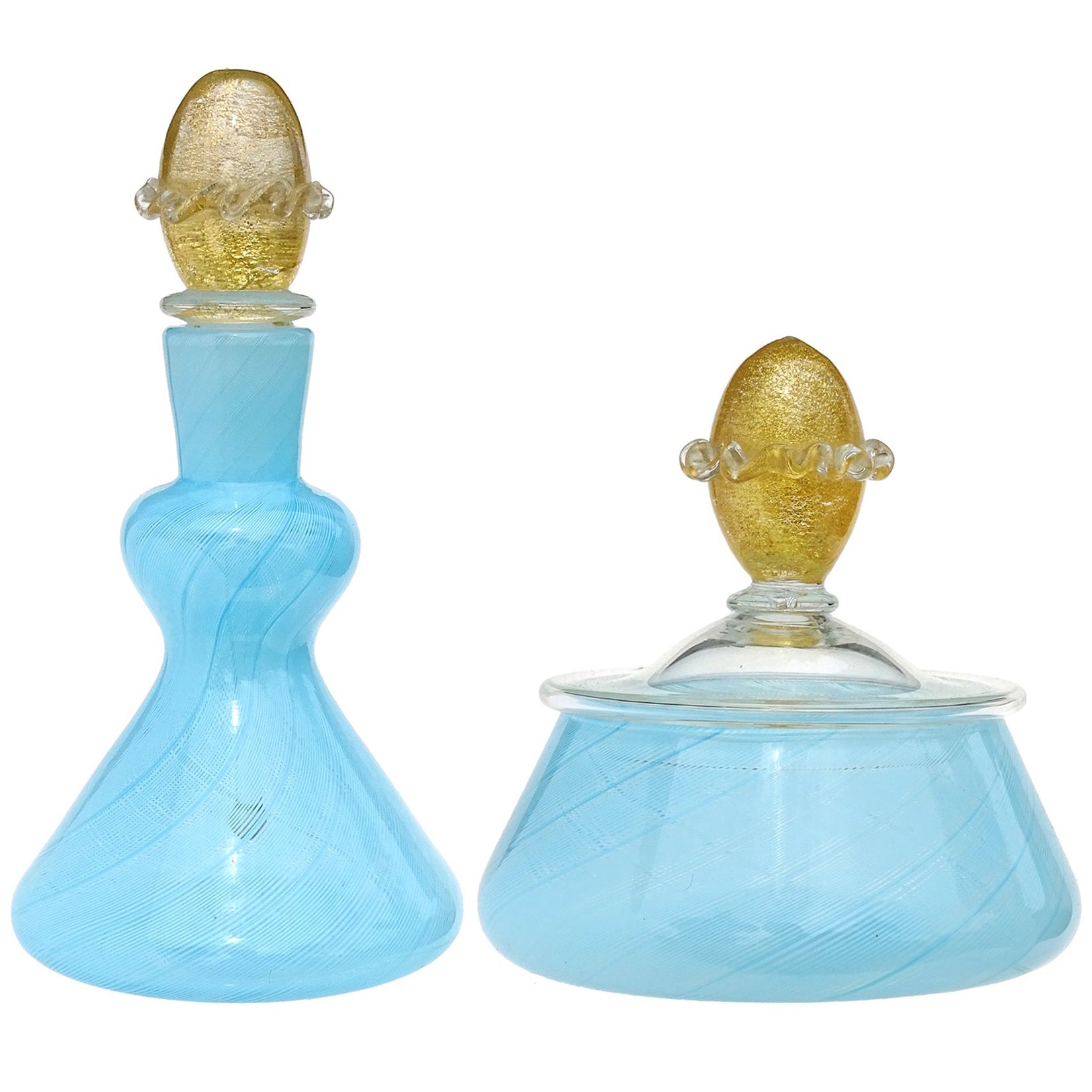 Murano Blue Ribbons Gold Flecks Italian Art Glass Powder Box Perfume Vanity Set For Sale