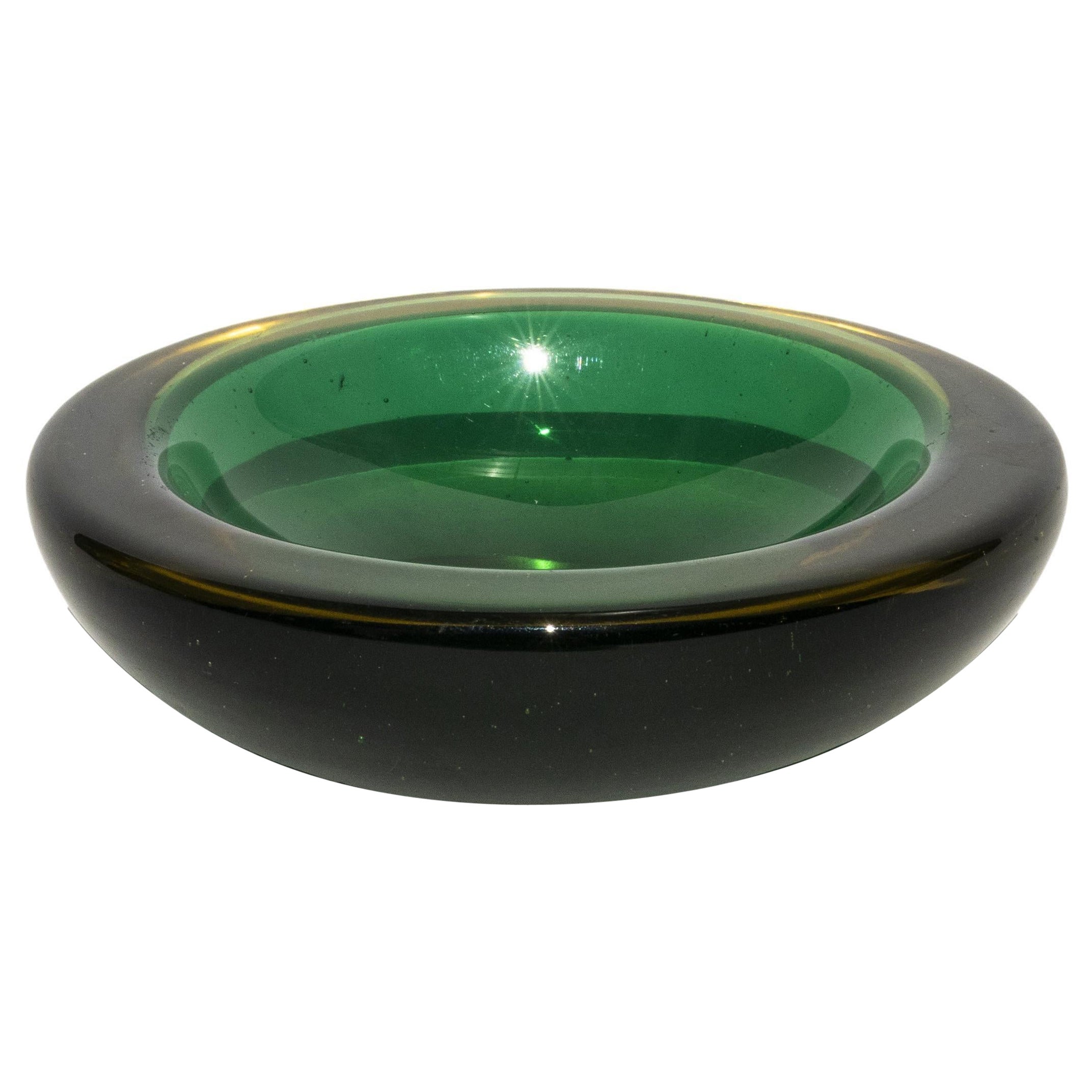 Vintage Murano Bowl, Emerald Green and Yellow For Sale