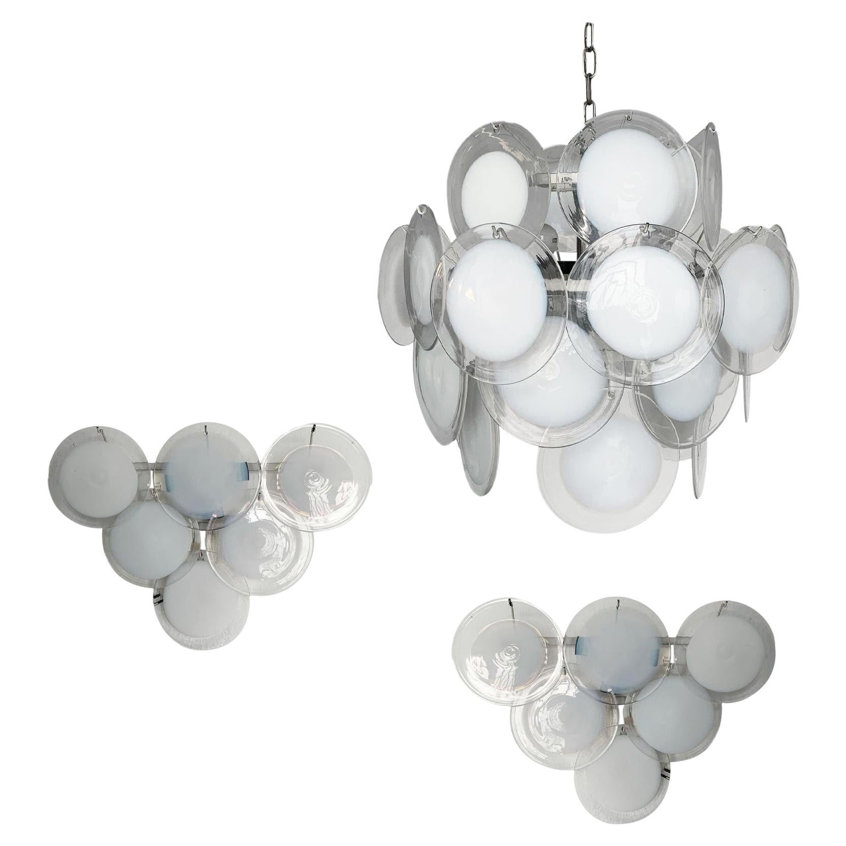 Rare Set of Two Murano Glass Sconces and One Pendant Chandelier by Gino Vistosi For Sale