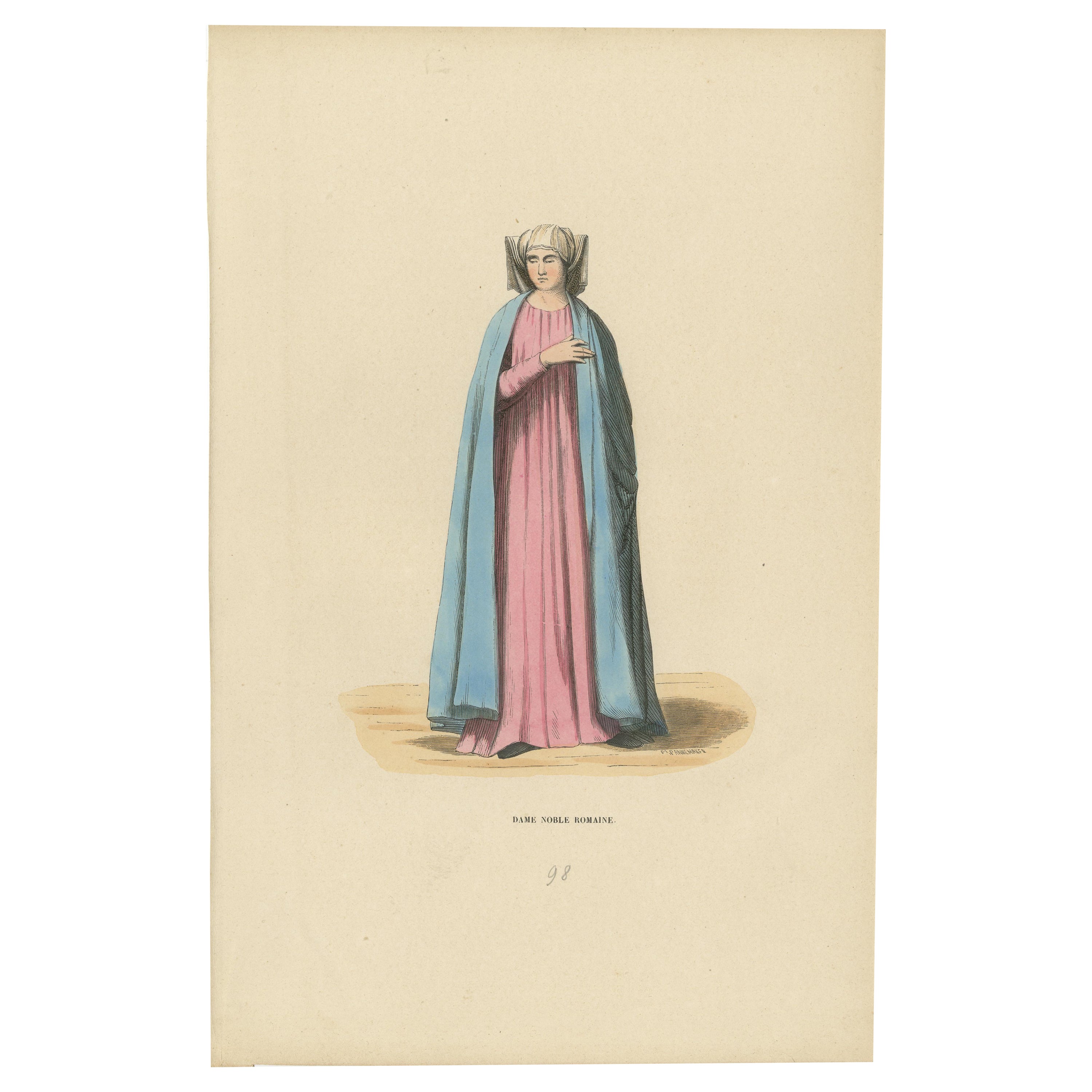 Noble dame romaine du Moyen Âge, colorée à la main et publiée en 1847 en vente