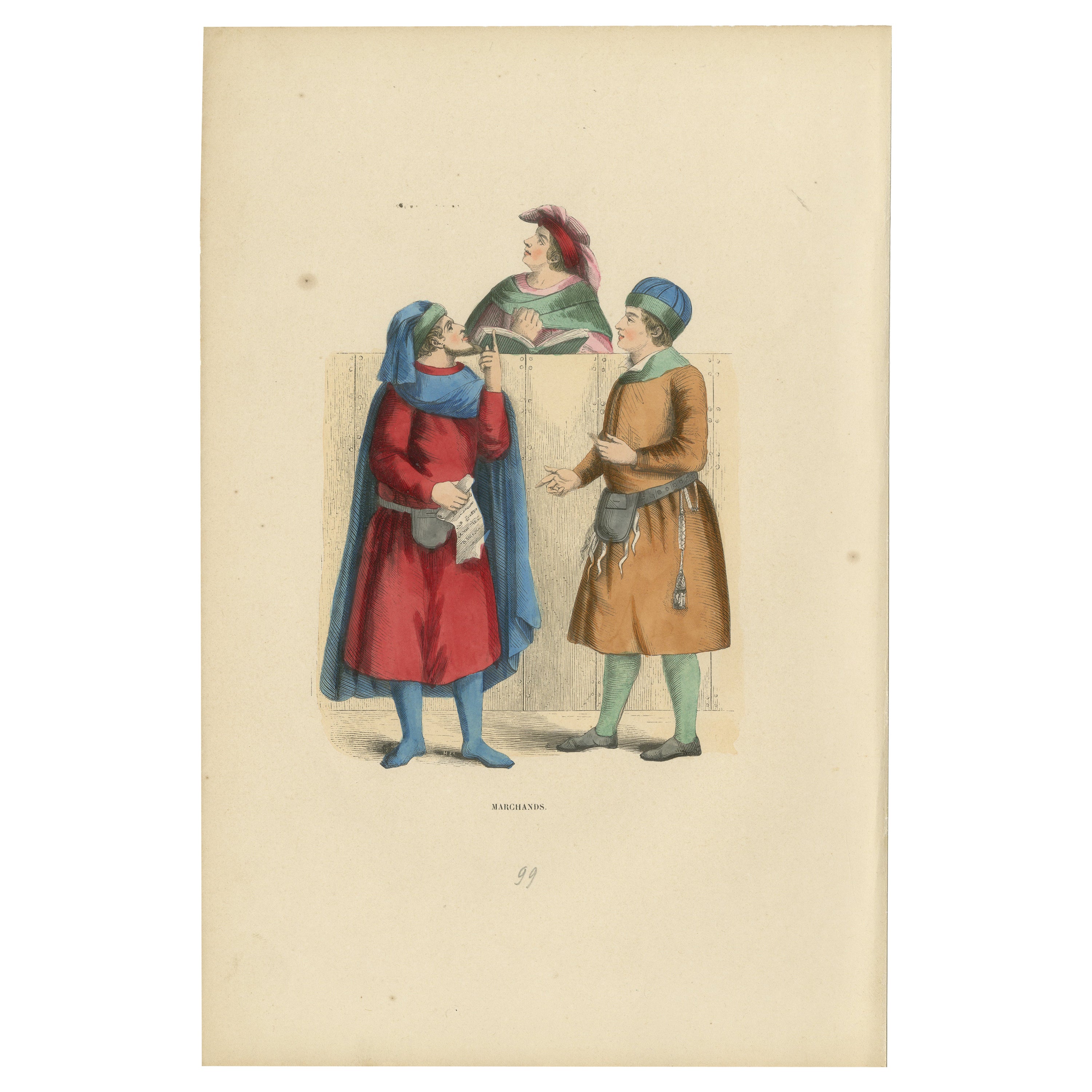 Medieval French Merchants in Discourse, Original Antique Engraving of 1847 For Sale