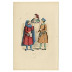 Medieval French Merchants in Discourse, Original Used Engraving of 1847