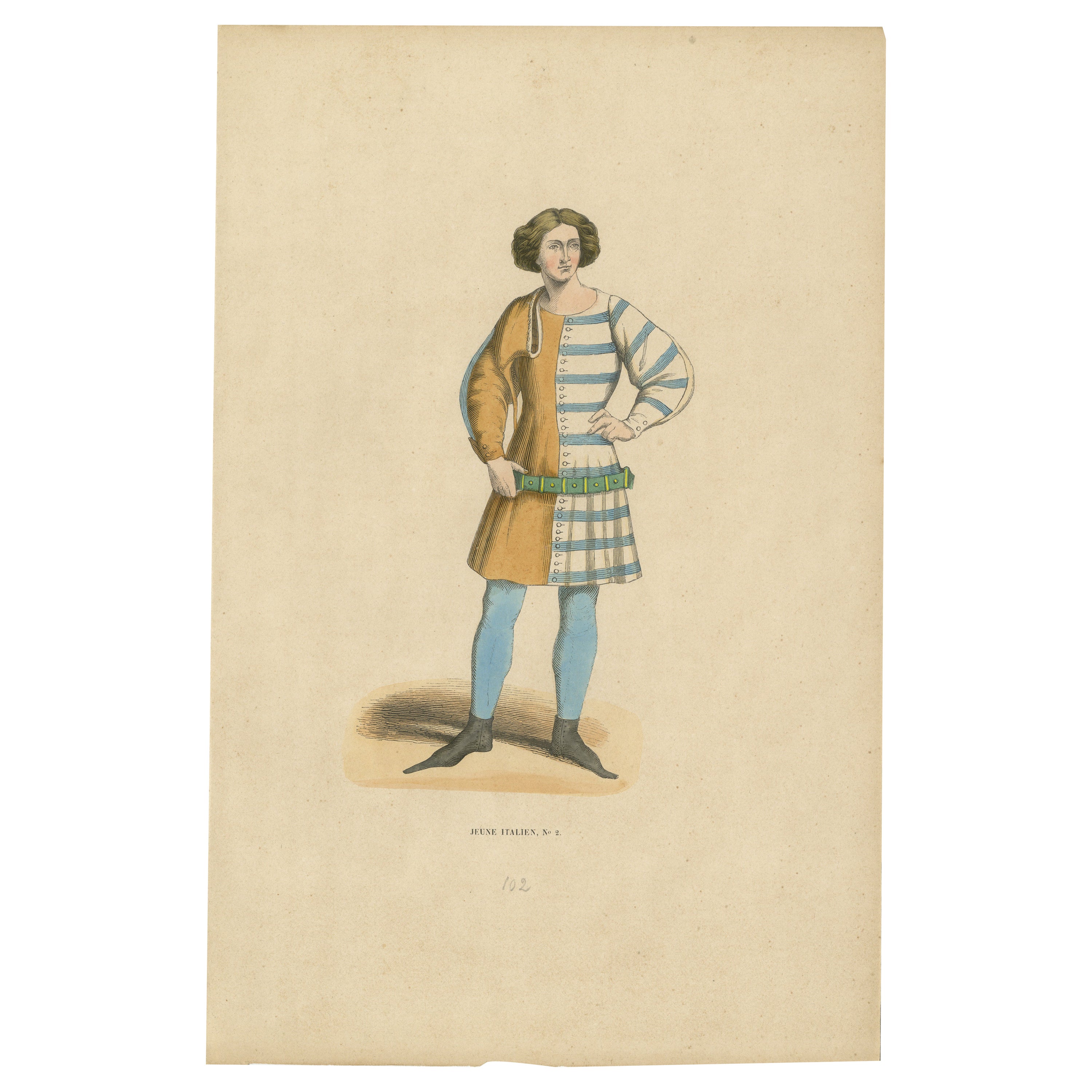 Elegant Renaissance Italian Youth Fashion, Published and Hand-Colored in 1847 For Sale