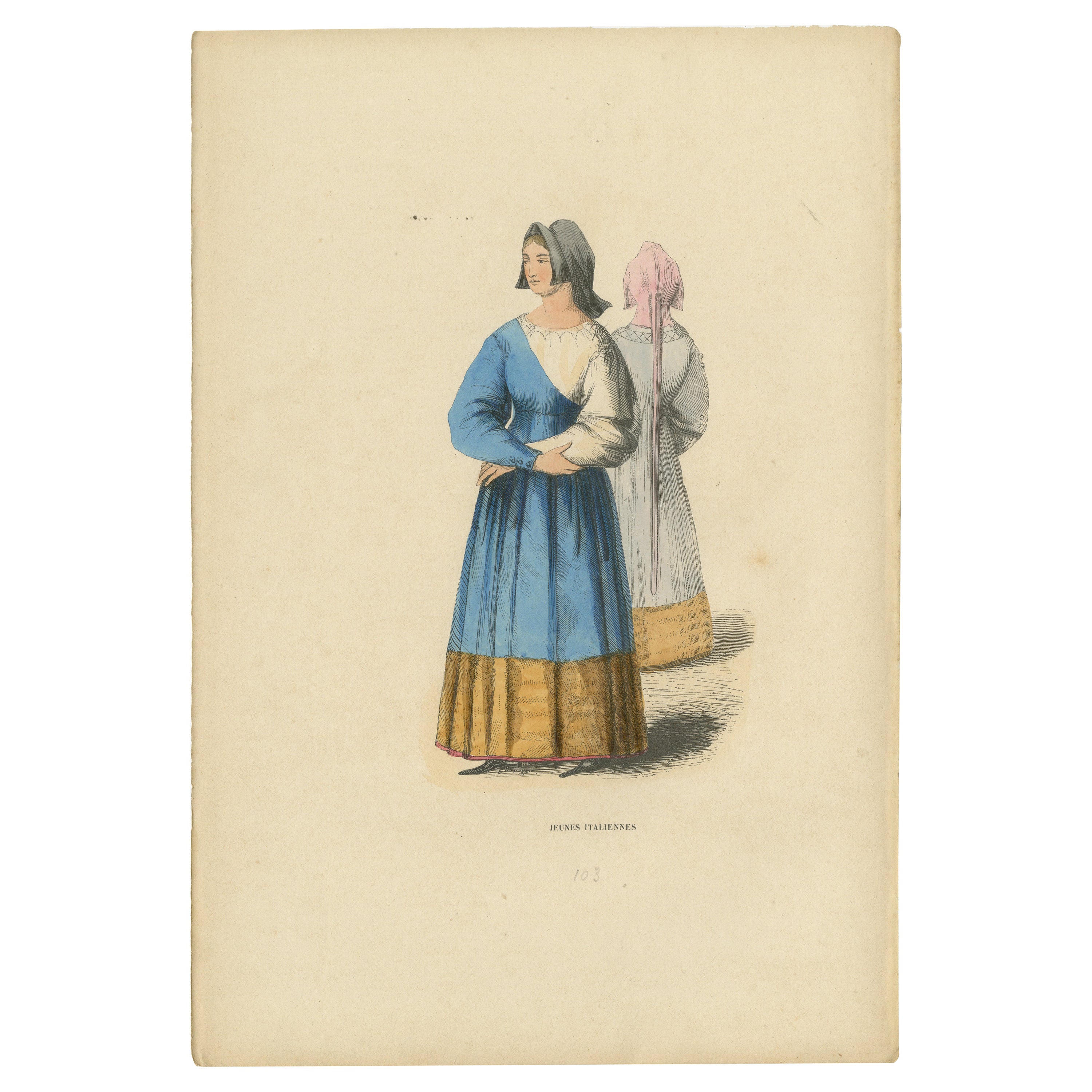 Antique Print of Italian Maidens in Traditional Attire, 1847 For Sale