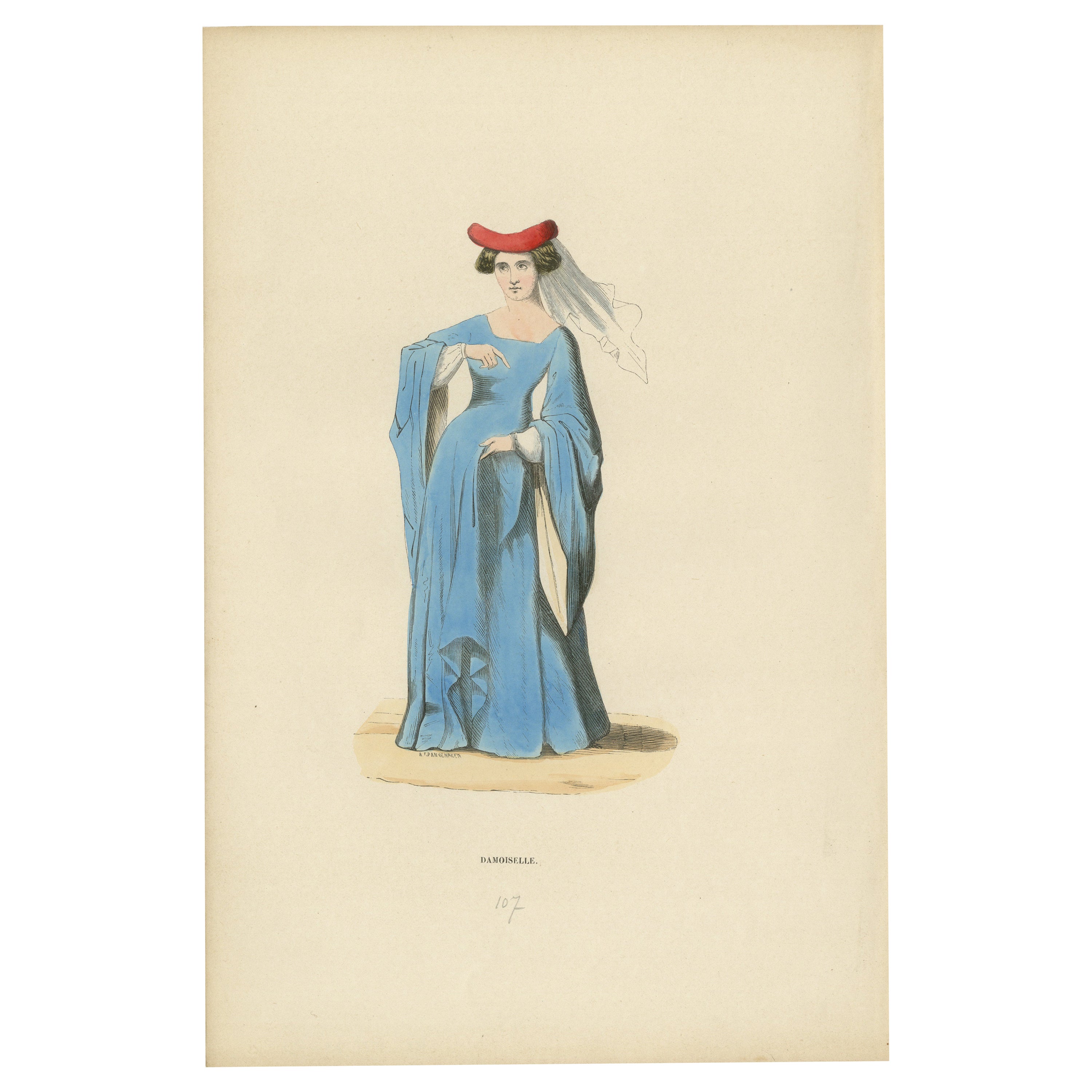 Noble Damsel of the Middle Ages in Traditional Blue Gown and Headdress, 1847 For Sale