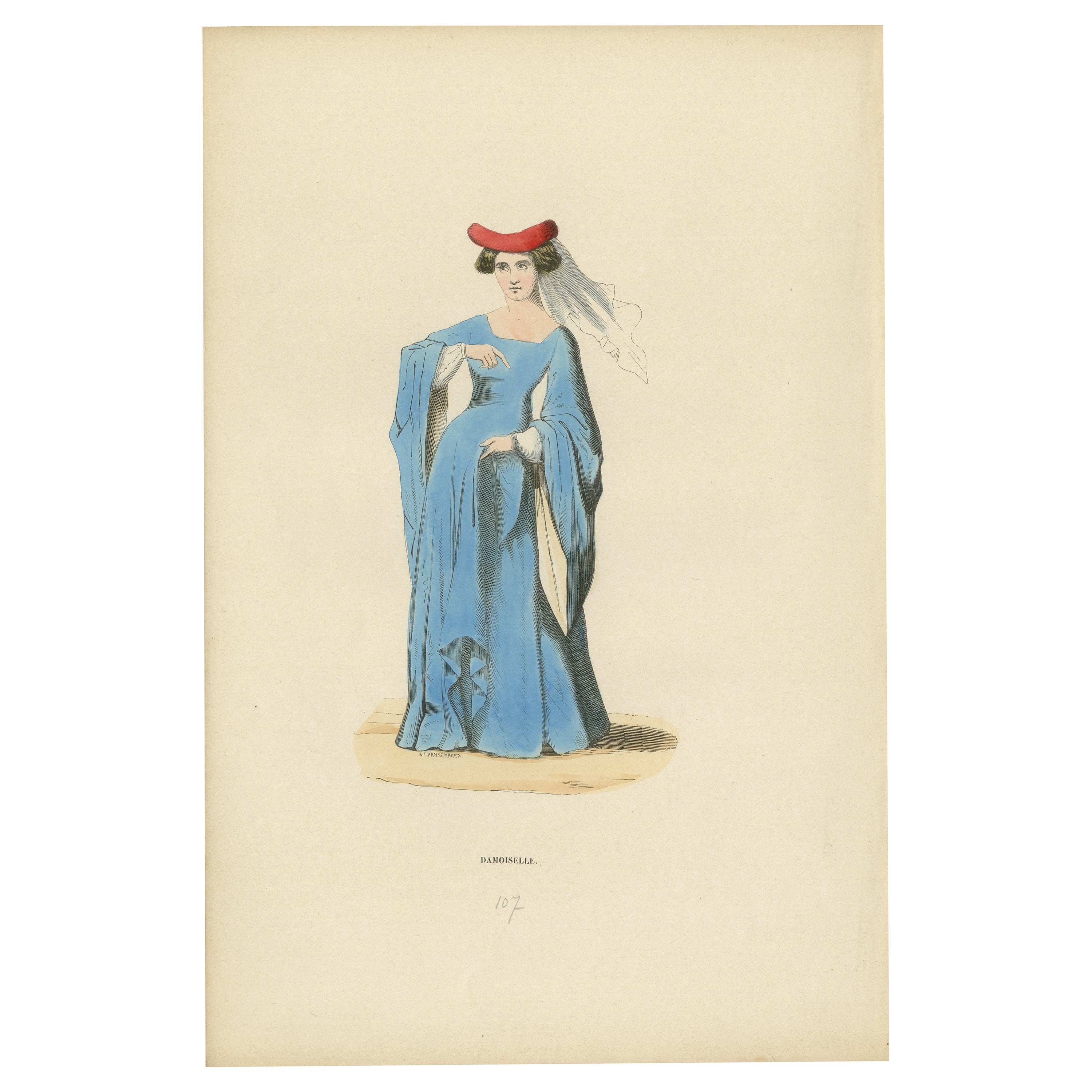 Nobile damigella del Medioevo in abito blu e copricapo tradizionale, 1847