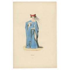 Noble Damsel of the Middle Ages in Traditional Blue Gown and Headdress, 1847
