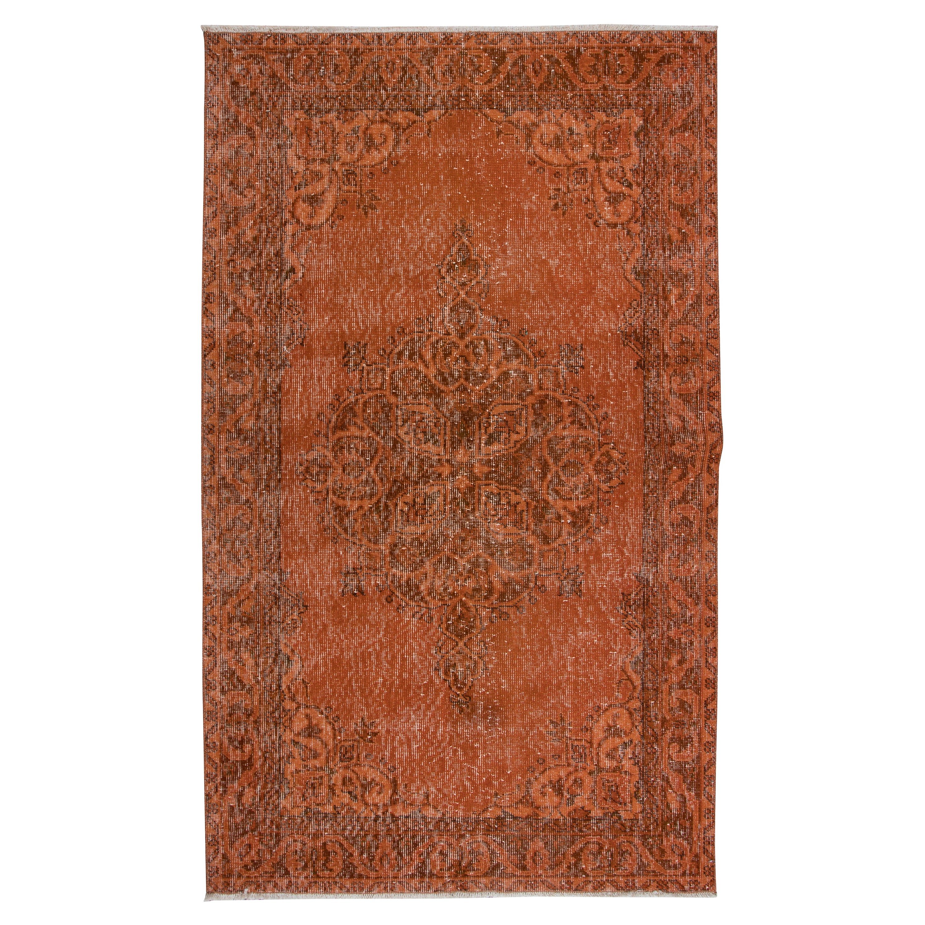 4x6.6 Ft Orange Handmade Accent Rug with Medallion Desig, Small Wool Carpet For Sale
