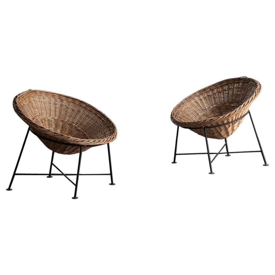 Circular Rattan Basket Lounge Chairs, Set of 2, France, 1960s