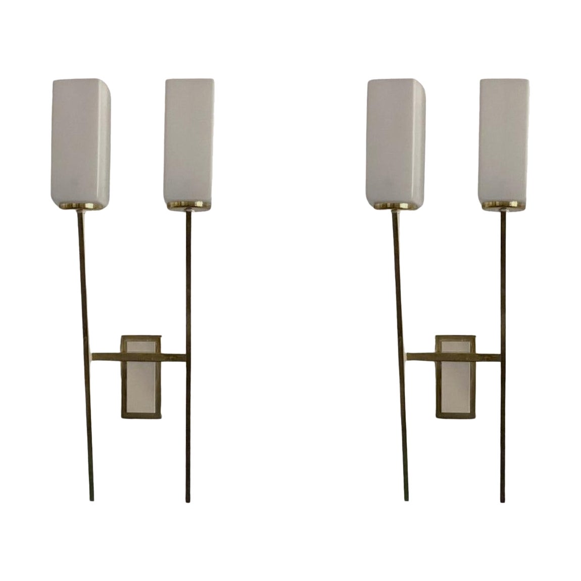 Pair of Tall Glass Brass Two-Arm Wall Sconces in Style of Stilnovo, Italy, 1960s