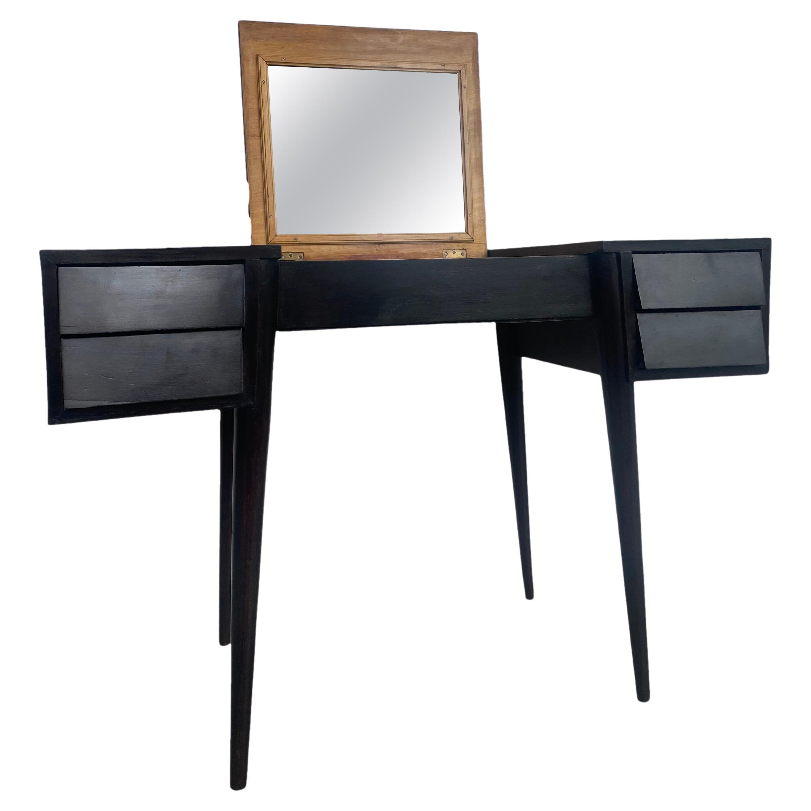 Vintage 1950s Italian Vanity/Desk with Mirror, in Solid Wood, Gio Ponti Style For Sale