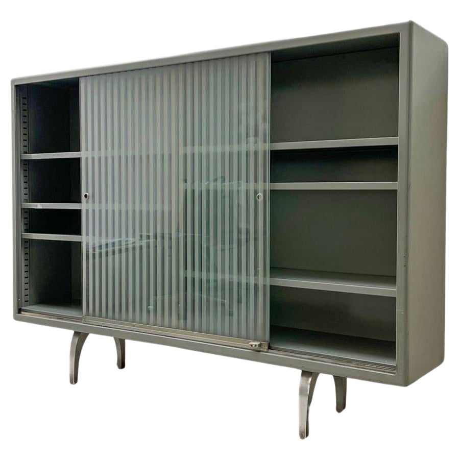 Vintage Italian Industrial Cabinet / Vitrine with Striped Glass Sliding Doors For Sale