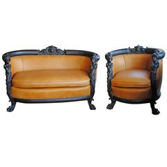 Antique 19th Century Victorian Leather Settee and Matching Chair