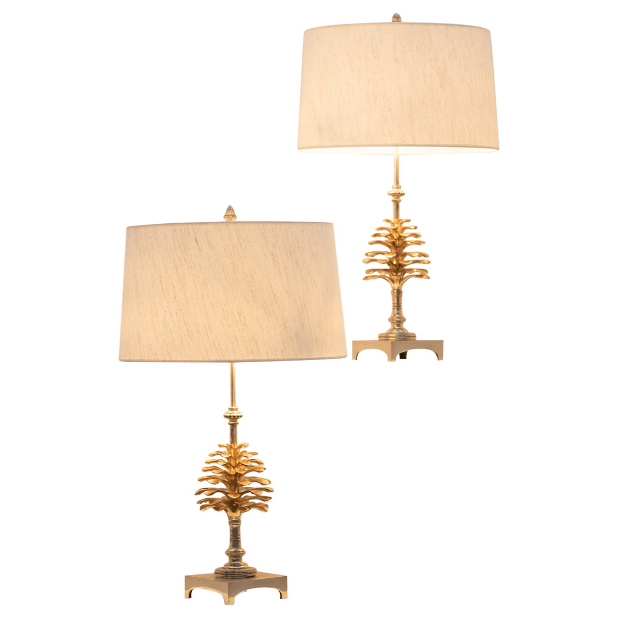 Pair of bronze pine cone table lamps, France 1960'