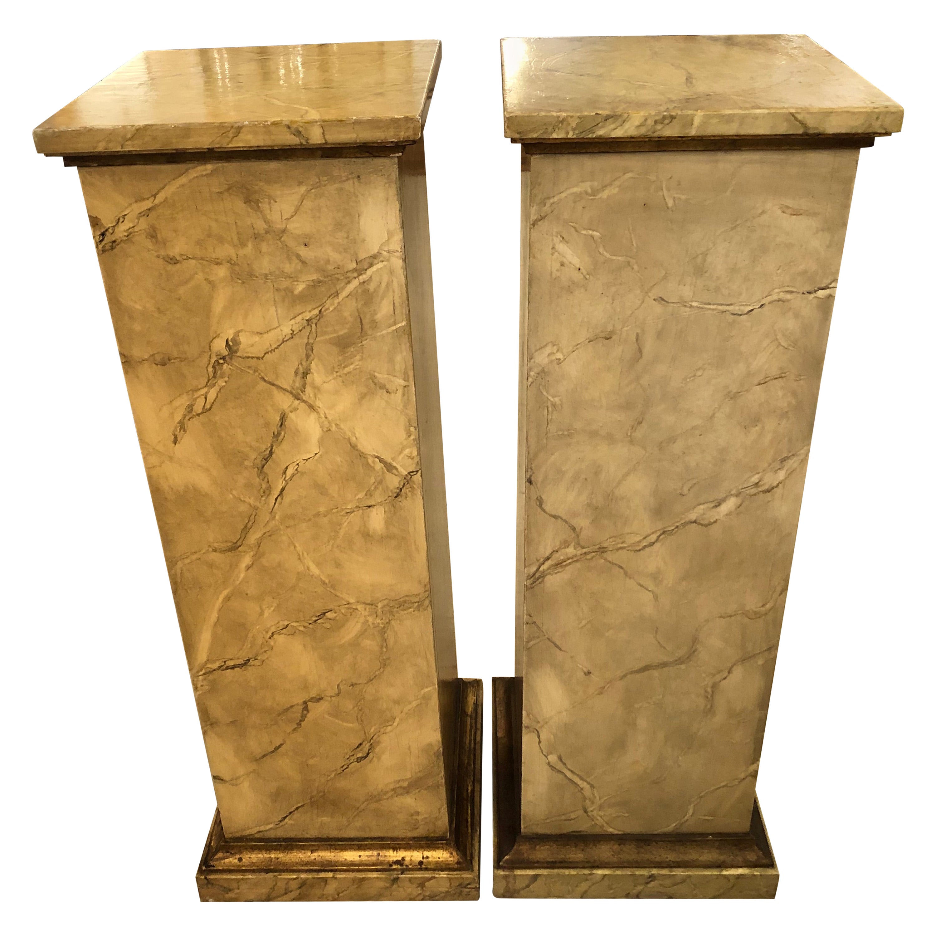 Large Faux Painted Marbleized Pair of Square Pedestals For Sale