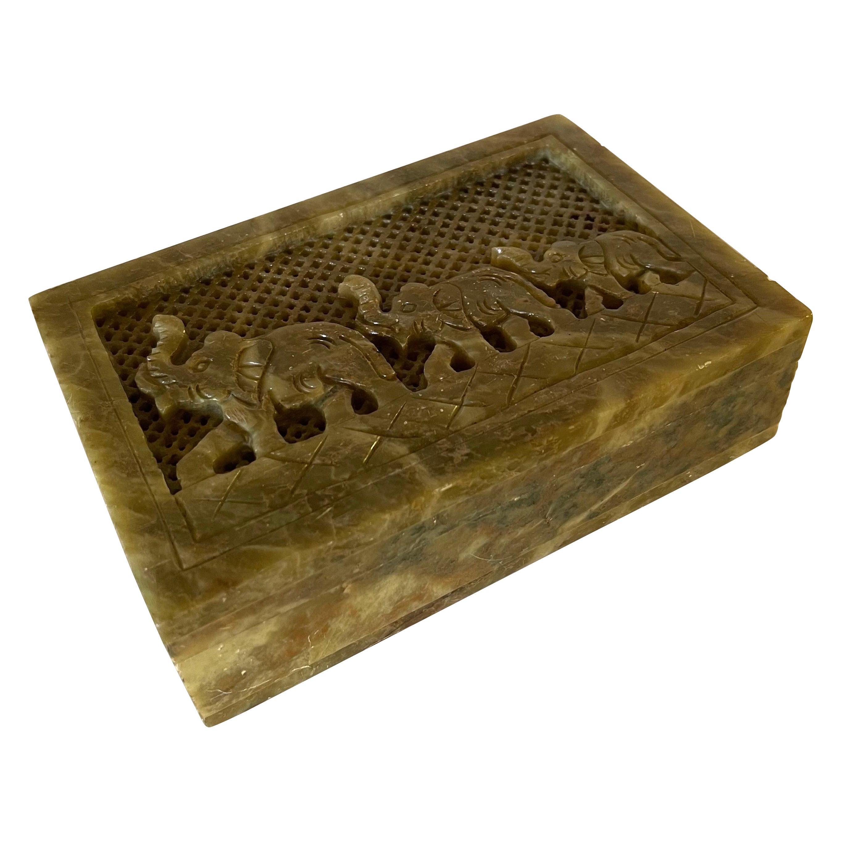 Dekorative Schachtel mit Elefantenmotiv aus geschnitztem grünem Seifenstein