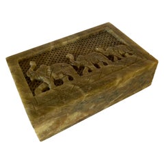 Used Carved Green Soapstone Elephant Motif Decorative Box