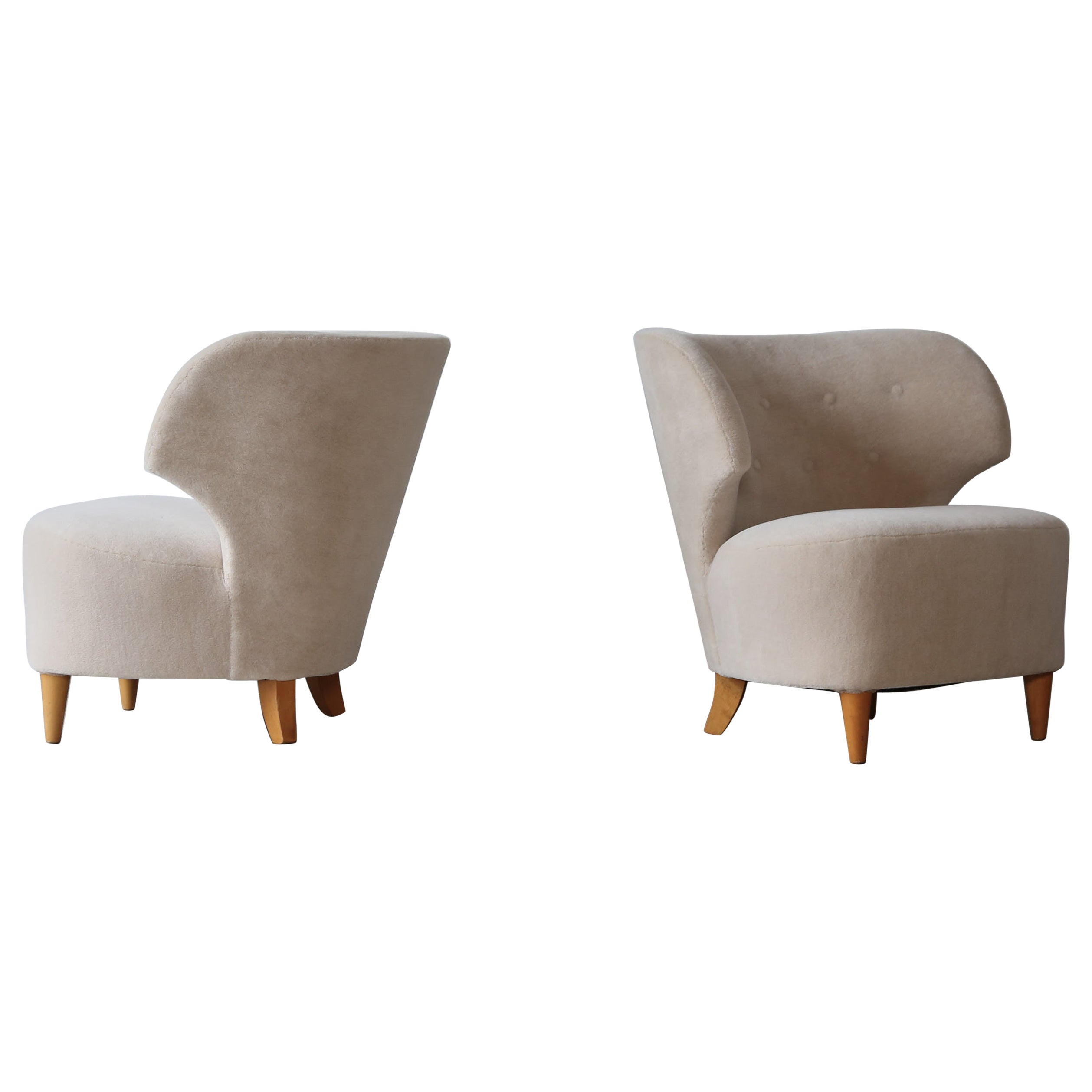 Pair of Carl-Johan Boman Chairs, Finland, 1940s, Newly Upholstered in Alpaca For Sale