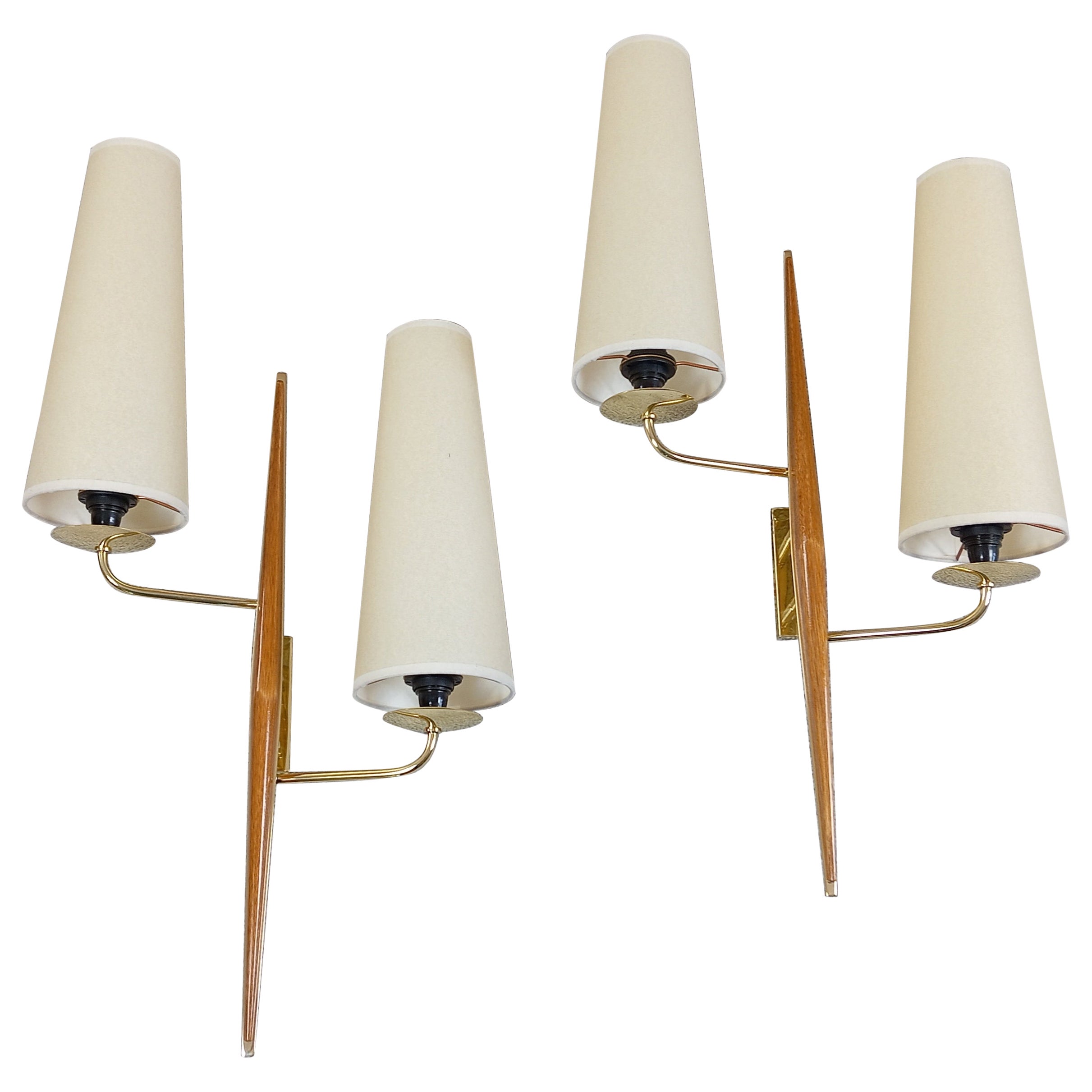 Pair of double sconces in brass and teak wood, Maison Lunel circa 1950