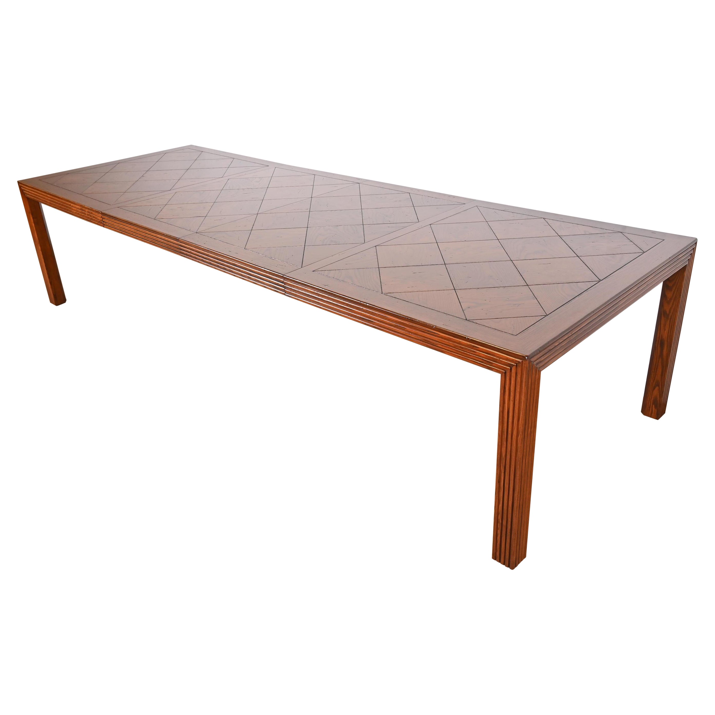 Henredon Mid-Century Modern Oak Parsons Parquet Top Dining Table, Refinished For Sale