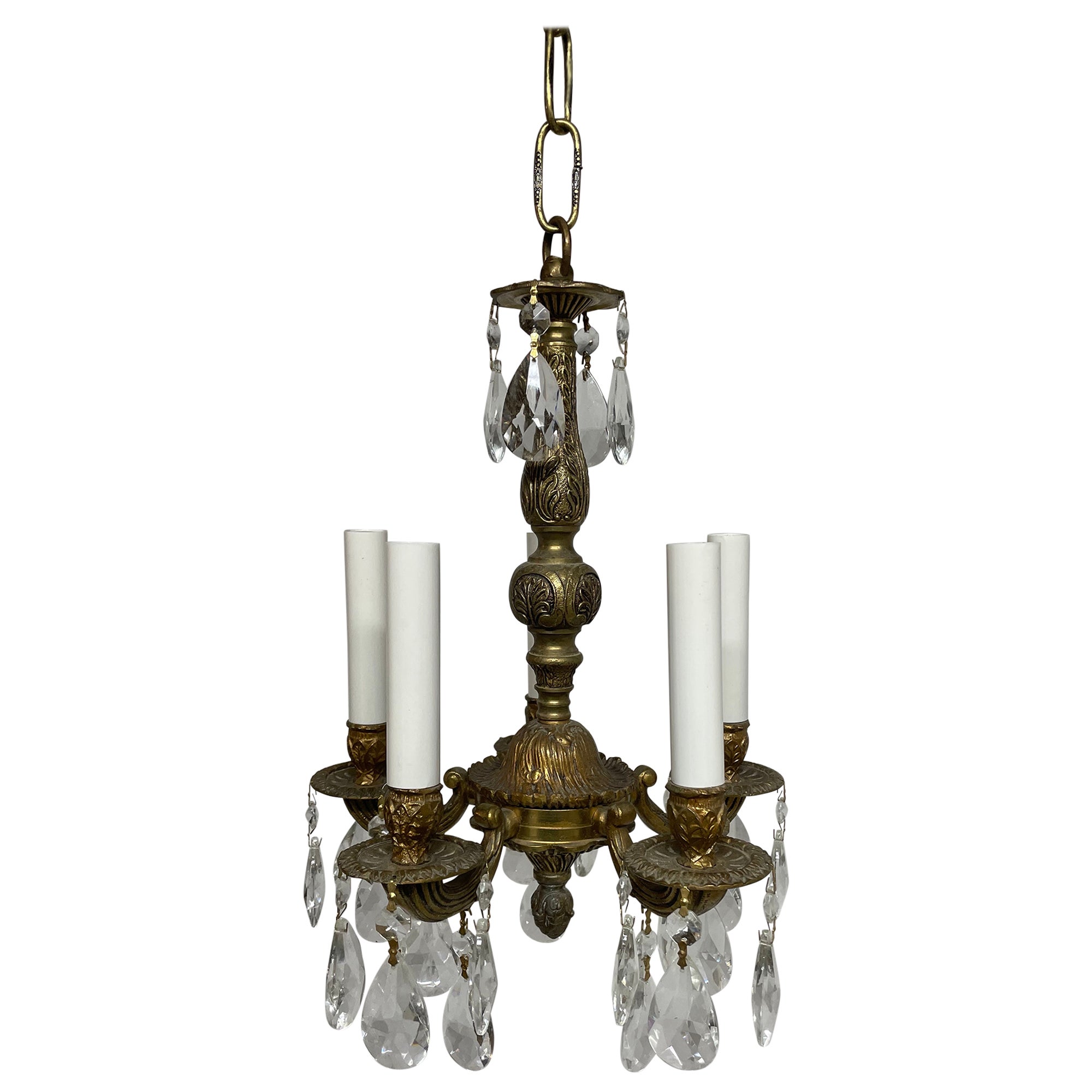 Petit French Style Brass and Crystal Chandelier For Sale