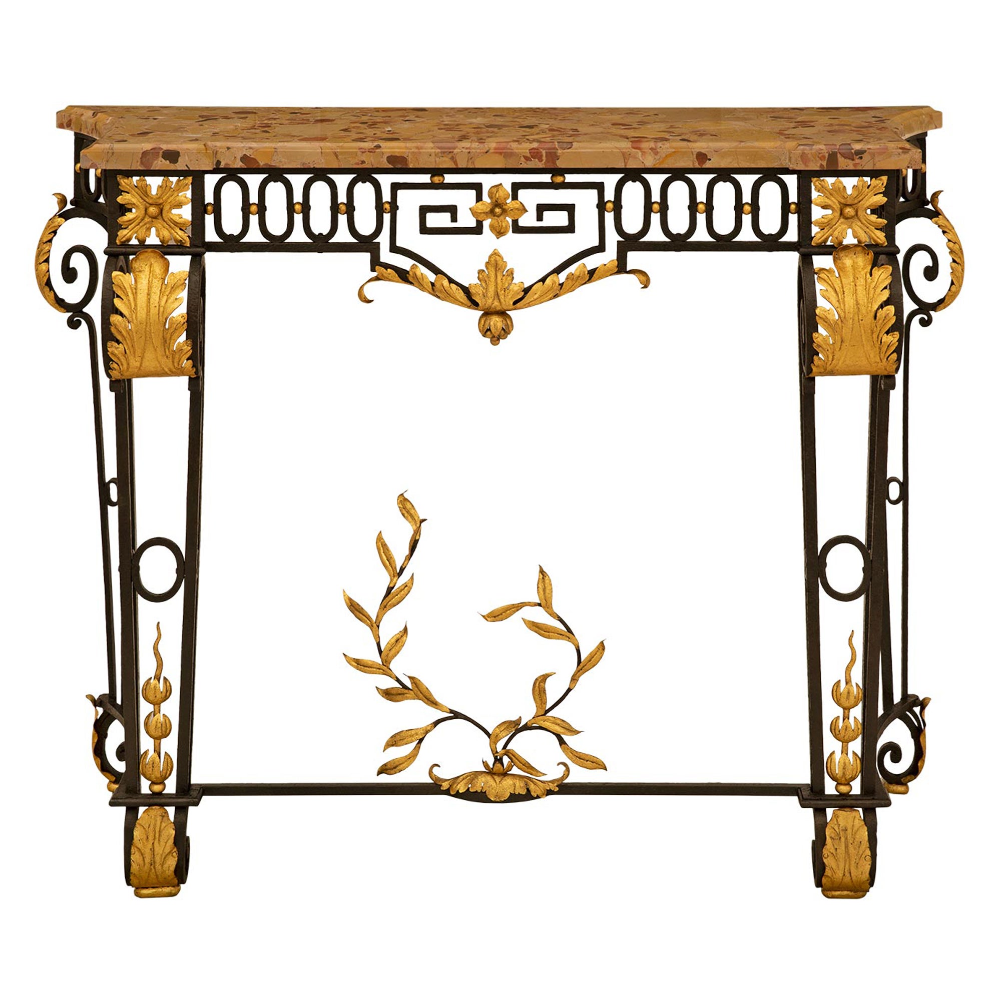 French 19th Century Louis XVI St. Wrought Iron, Gilt Metal And Marble Console For Sale