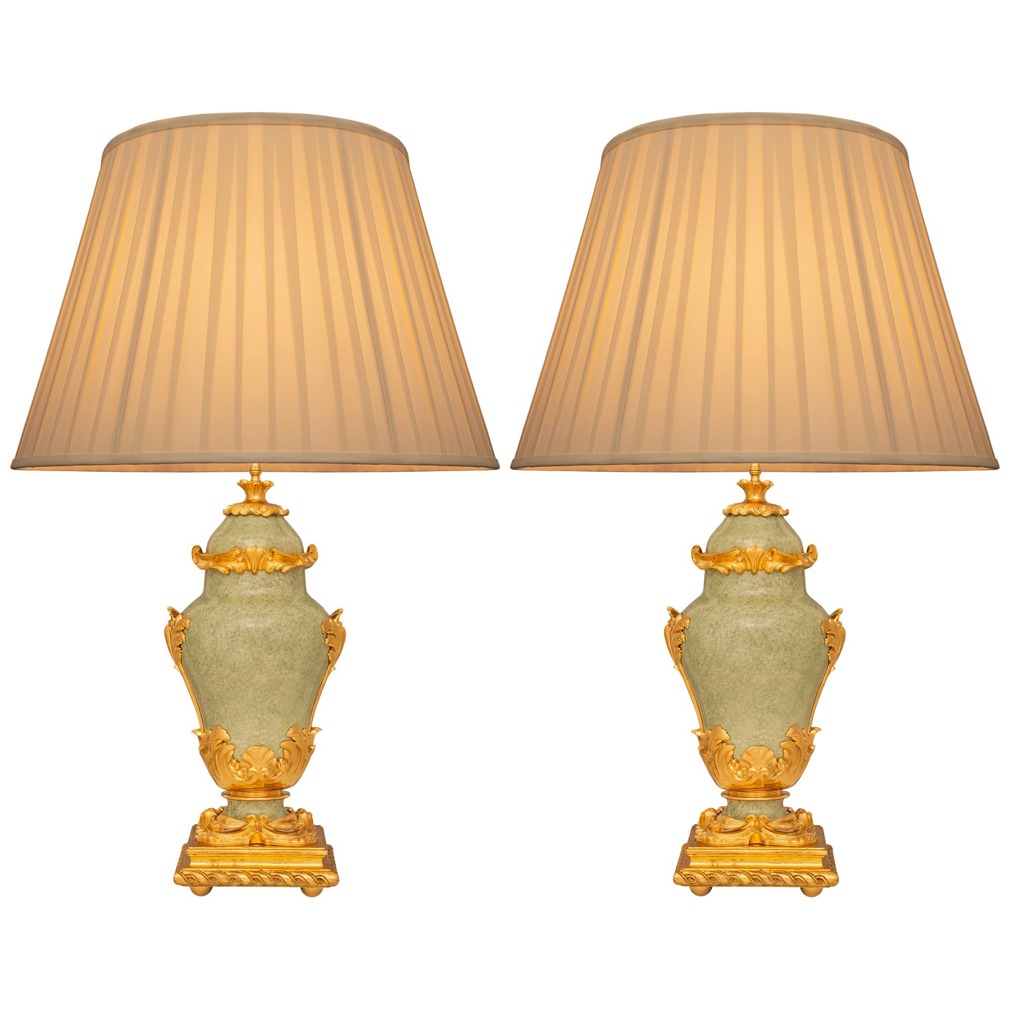 Pair Of French 19th c. Louis XV St. Light Green Fire Glazed Porcelain Lamps For Sale