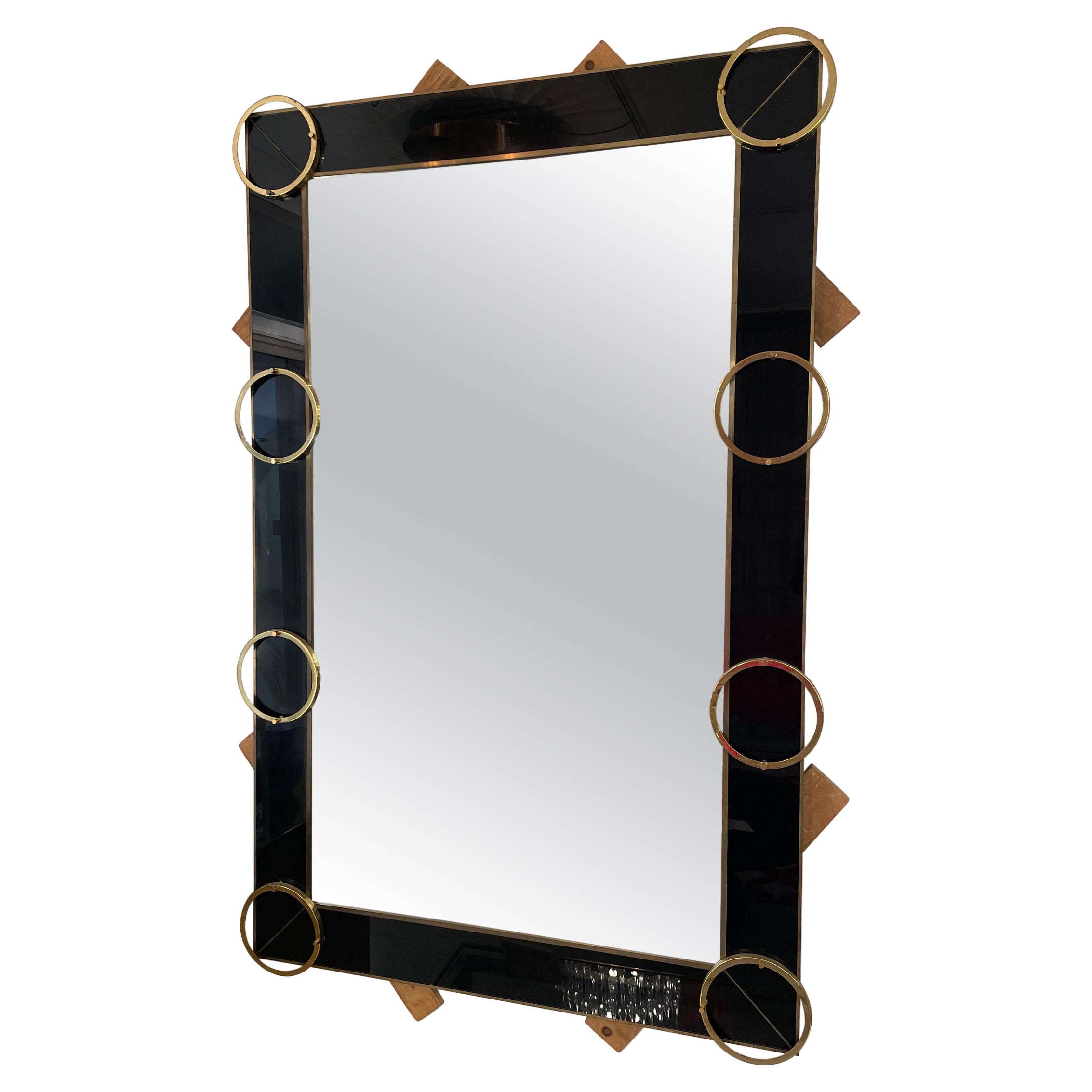 Italian mirror from the 70's in tinted glass and brass  For Sale