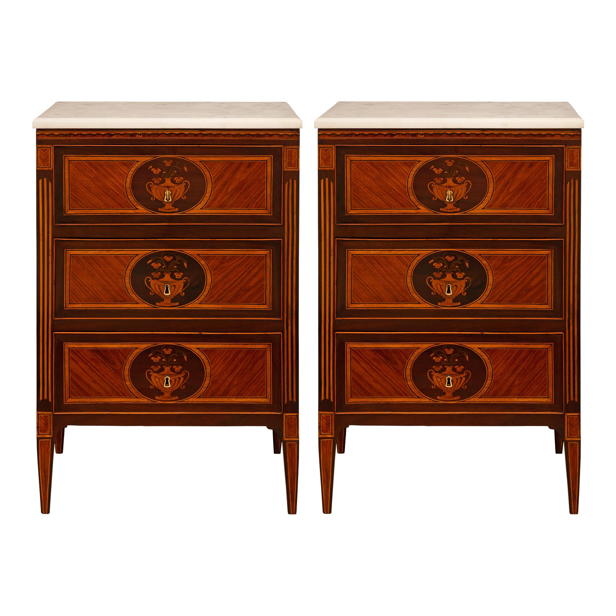 Pair Of Italian 19th c. Louis XVI St. Tulipwood, Fruitwood, & Mahogany Commodes For Sale