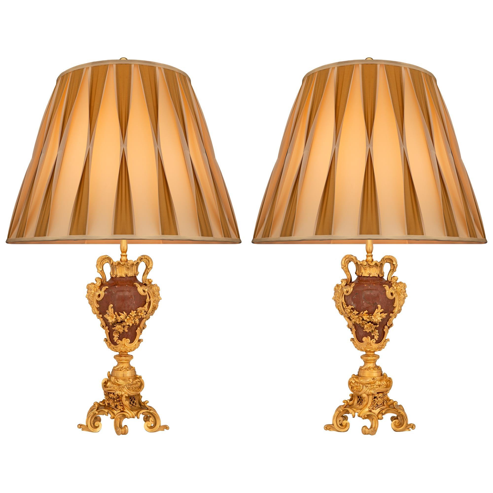 True Pair Of French 19th Century Louis XV St. Rosso Antico And Ormolu Lamps For Sale