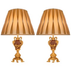 True Pair Of French 19th Century Louis XV St. Rosso Antico And Ormolu Lamps