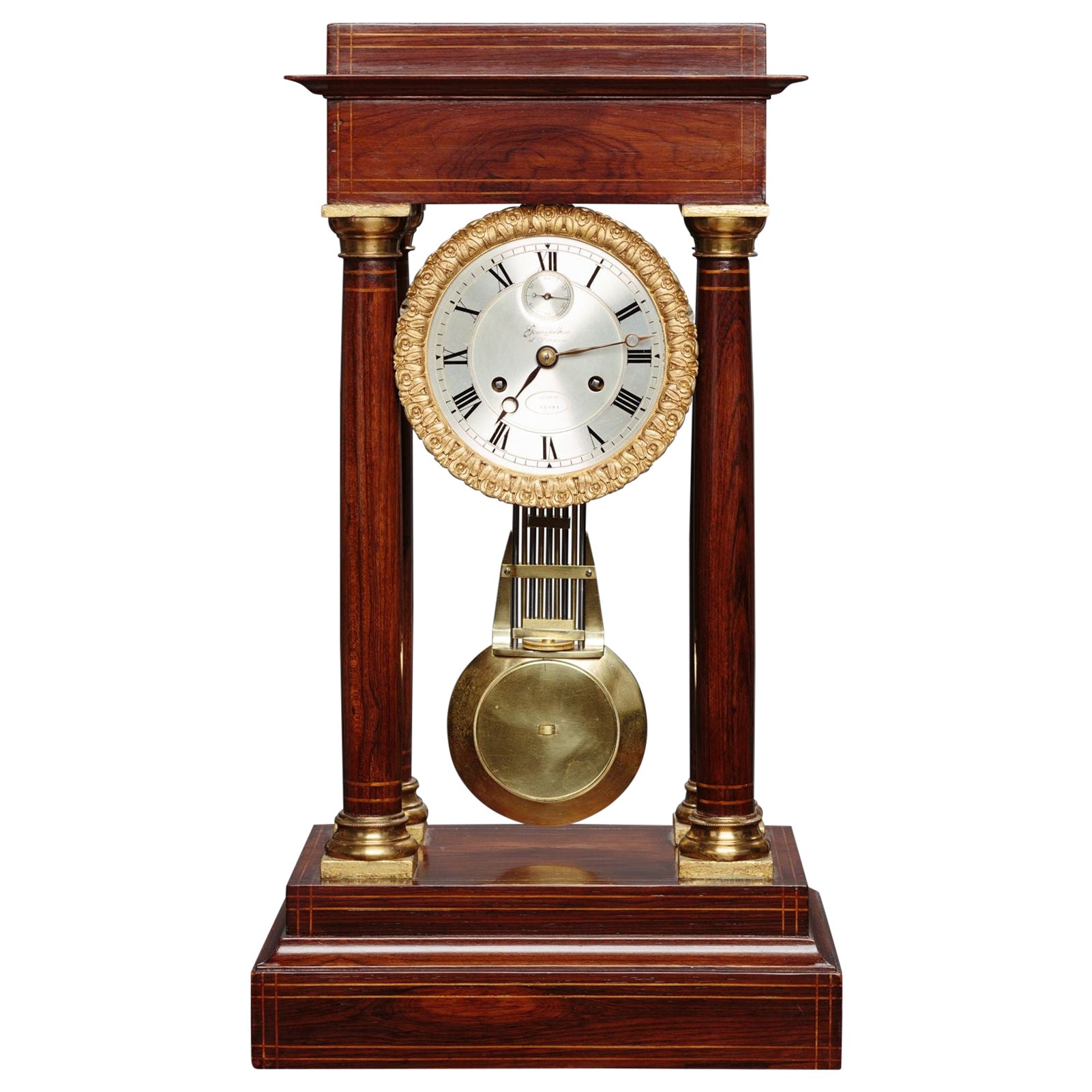 Rosewood Portico Regulator Mantel Clock For Sale