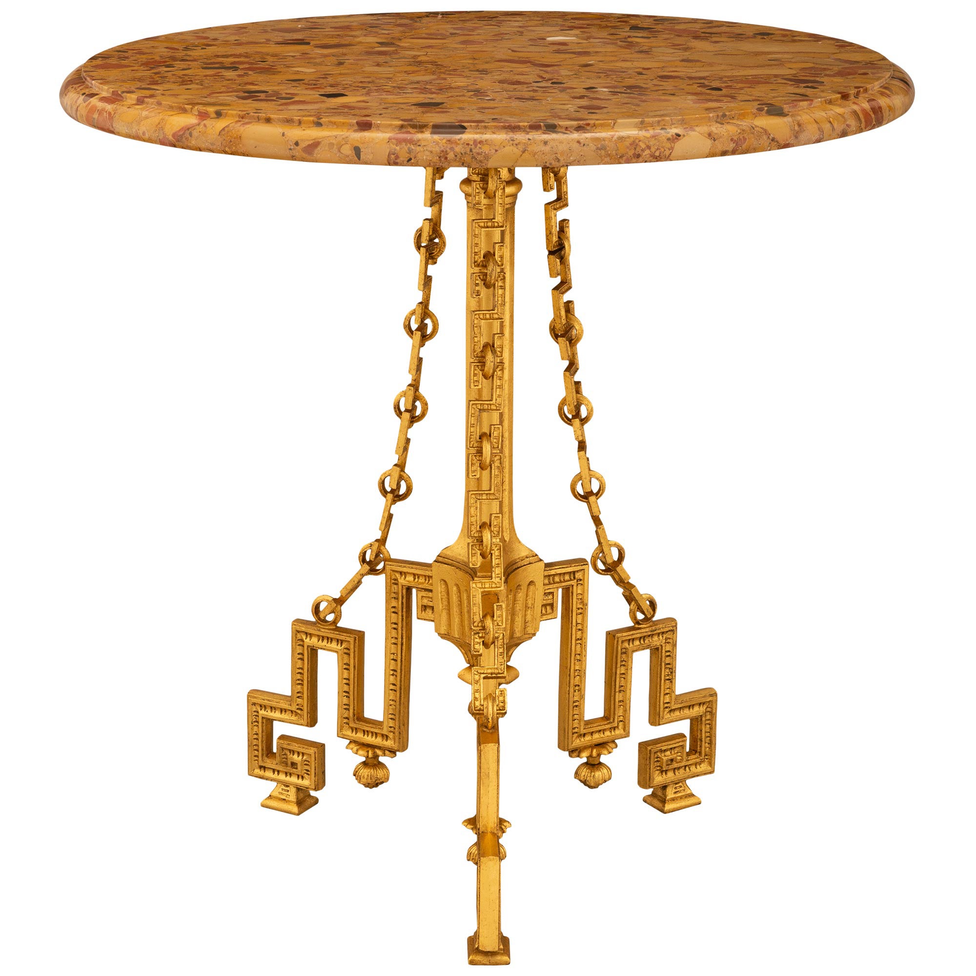 Table d'appoint Guéridon en bronze doré et marbre de style Louis XVI du XIXe siècle en vente