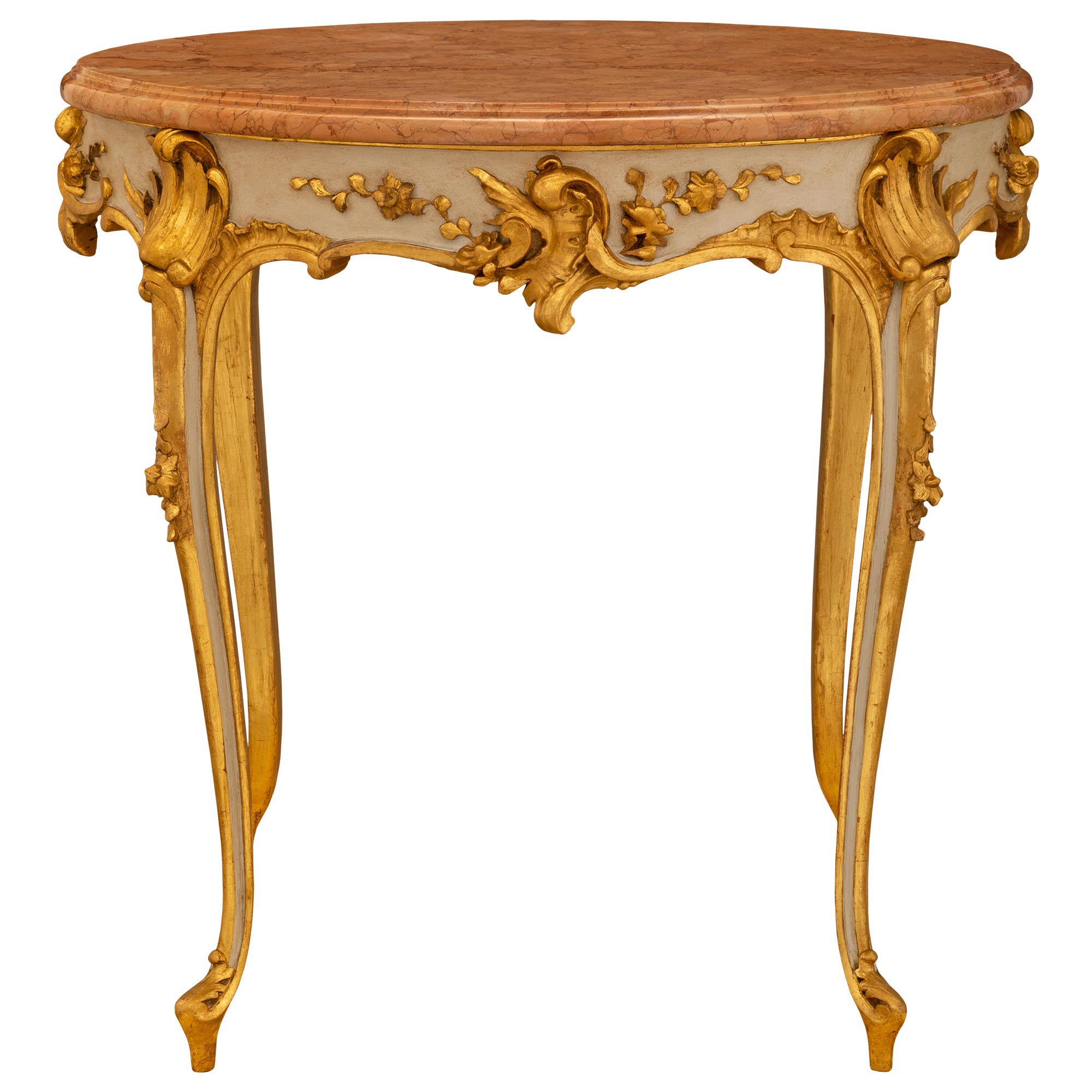 Italian 19th Century Louis XV St. Marble, Giltwood & Patinated Wood Side Table