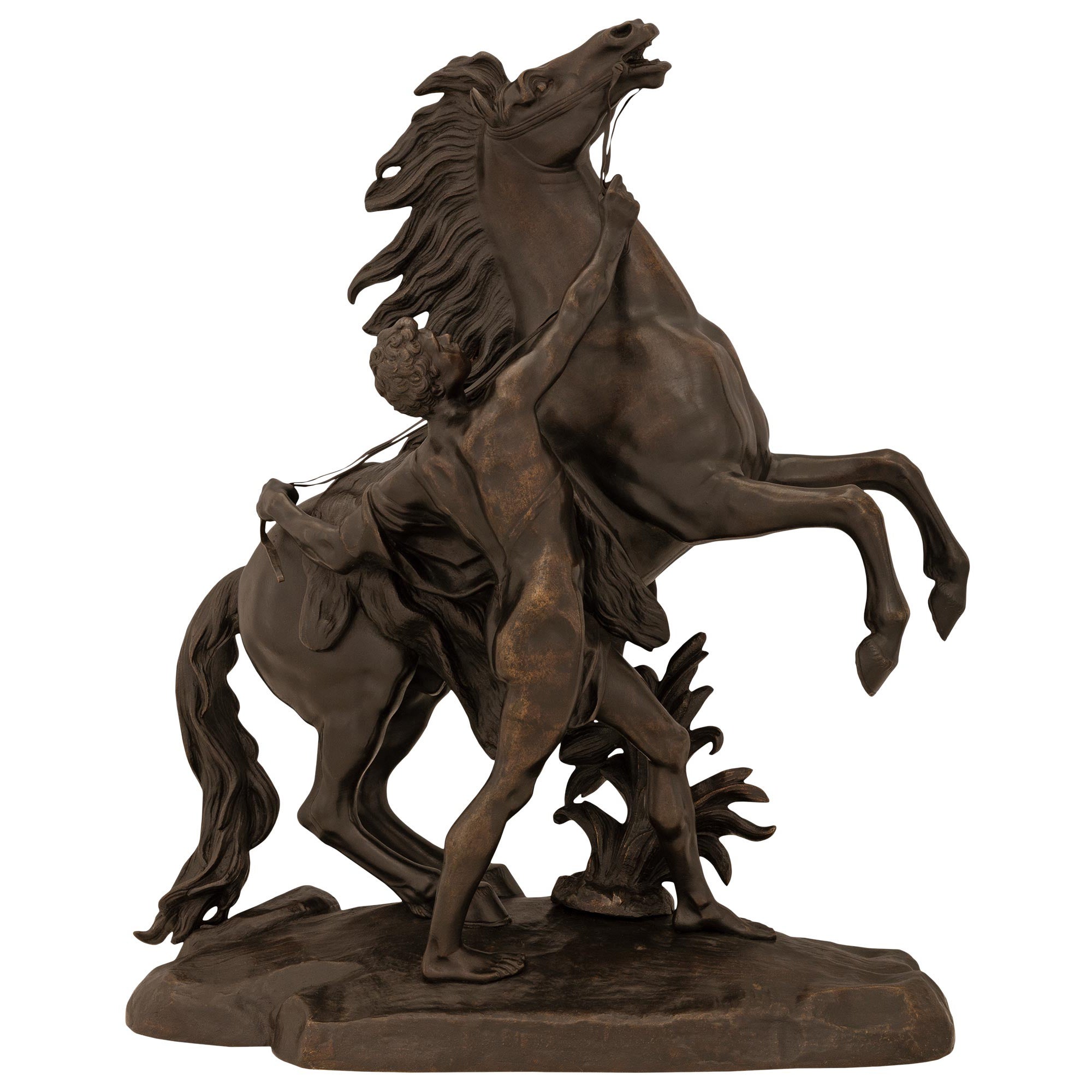 French 19th Century Patinated Bronze Statue Of A Horse And Groom For Sale