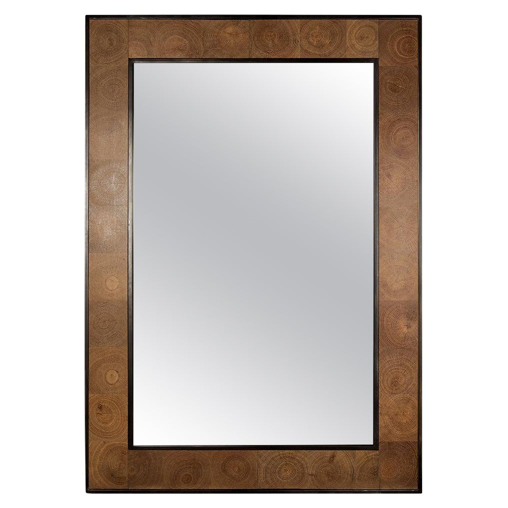 Contemporary Mirror Frame of Celestial Oak with Patina Steel Trim 