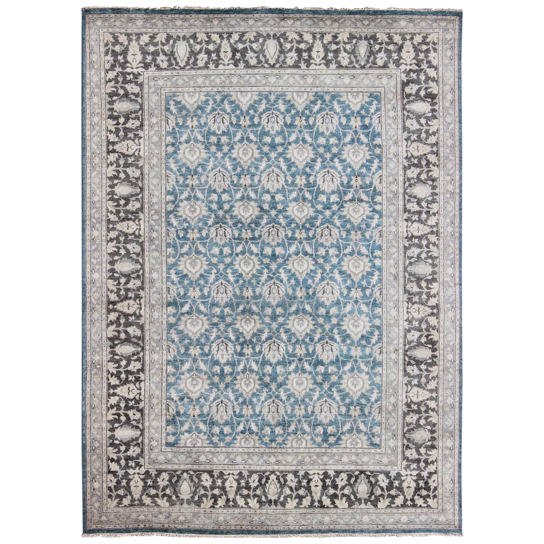 Modern Tabriz Rug in Wool with All-Over Design in Blue, Gray and Brown