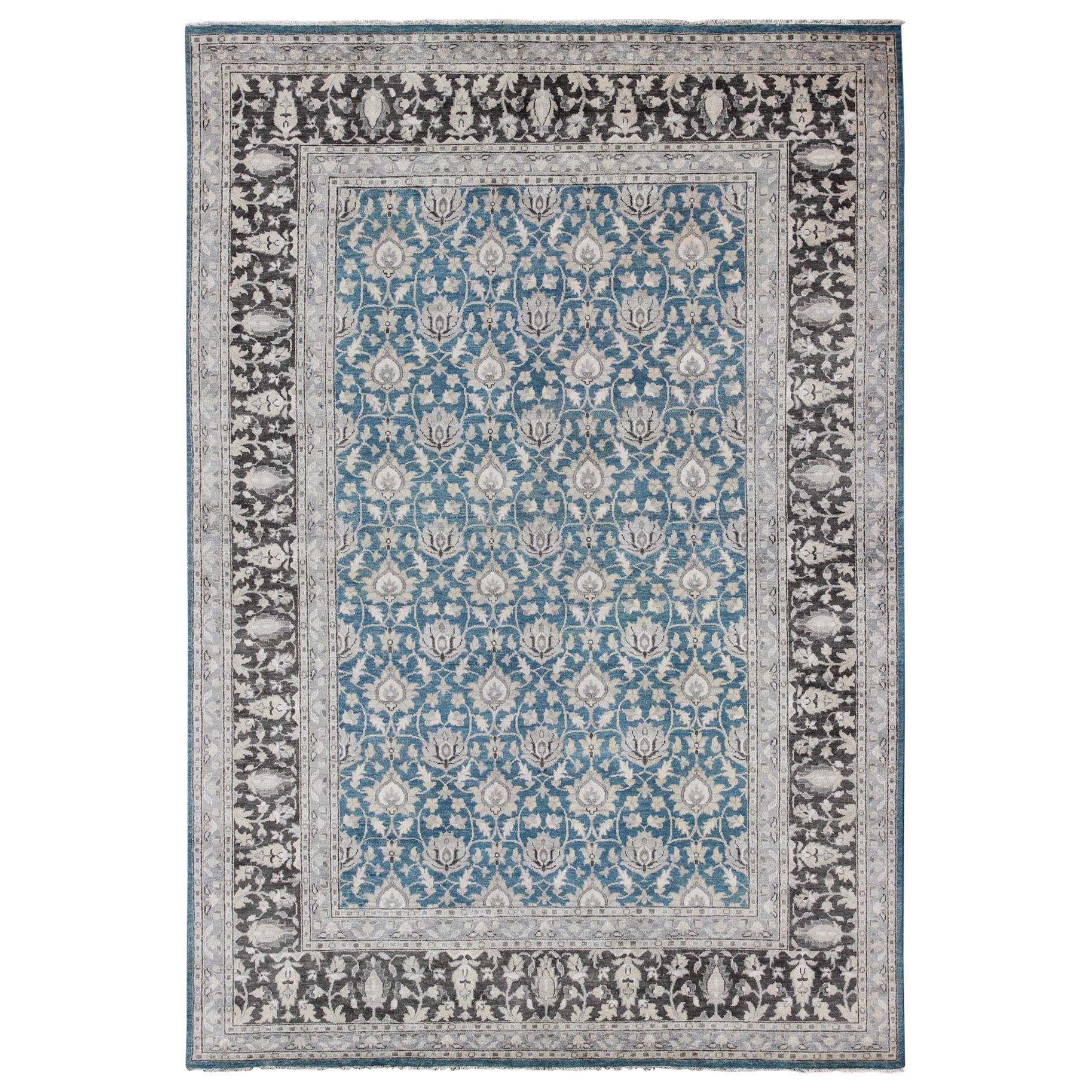 Keivan Woven Arts Large Tabriz Design Rug in Blue, Gray and Charcoal For Sale