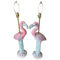 Vintage Pair of Palm Beach Pink Plaster Flamingo Bird Table Lamps Newly Wired