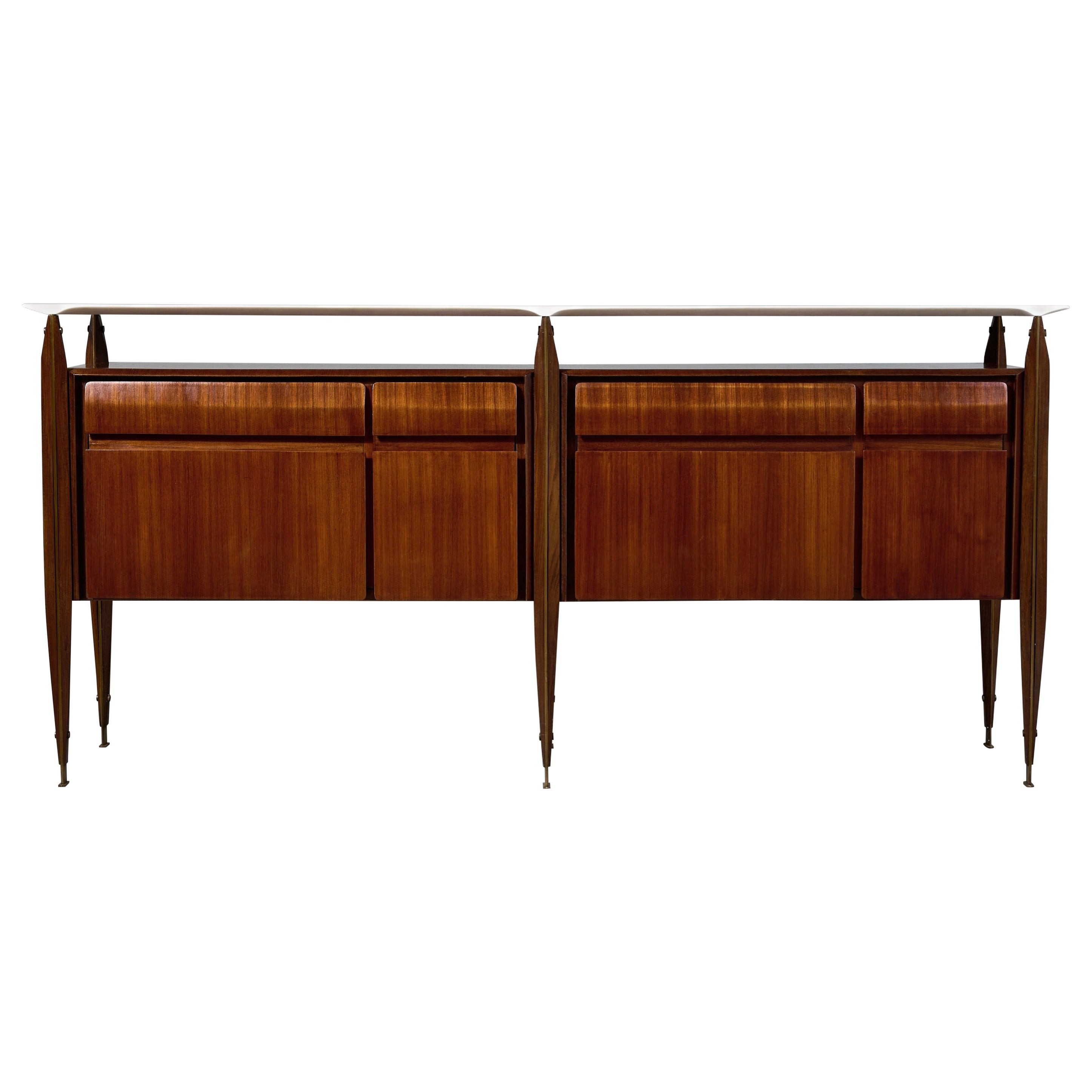 Exceptional Sideboard in Bois de Rose, Marble, and Brass; Italy, 1950's  For Sale